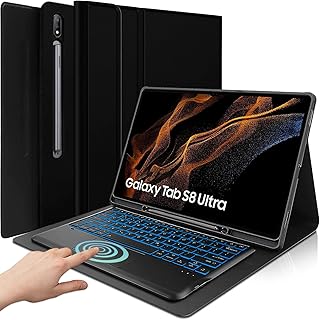 Touchpad Keyboard Case for Samsung Galaxy Tab S8 Ultra 2022 14.6 Inch (SM-X900/X906), 7 Colors Backlight Wireless Keyboard PU Folio Stand Cover Case for Galaxy Tab S8 Ultra (Black)