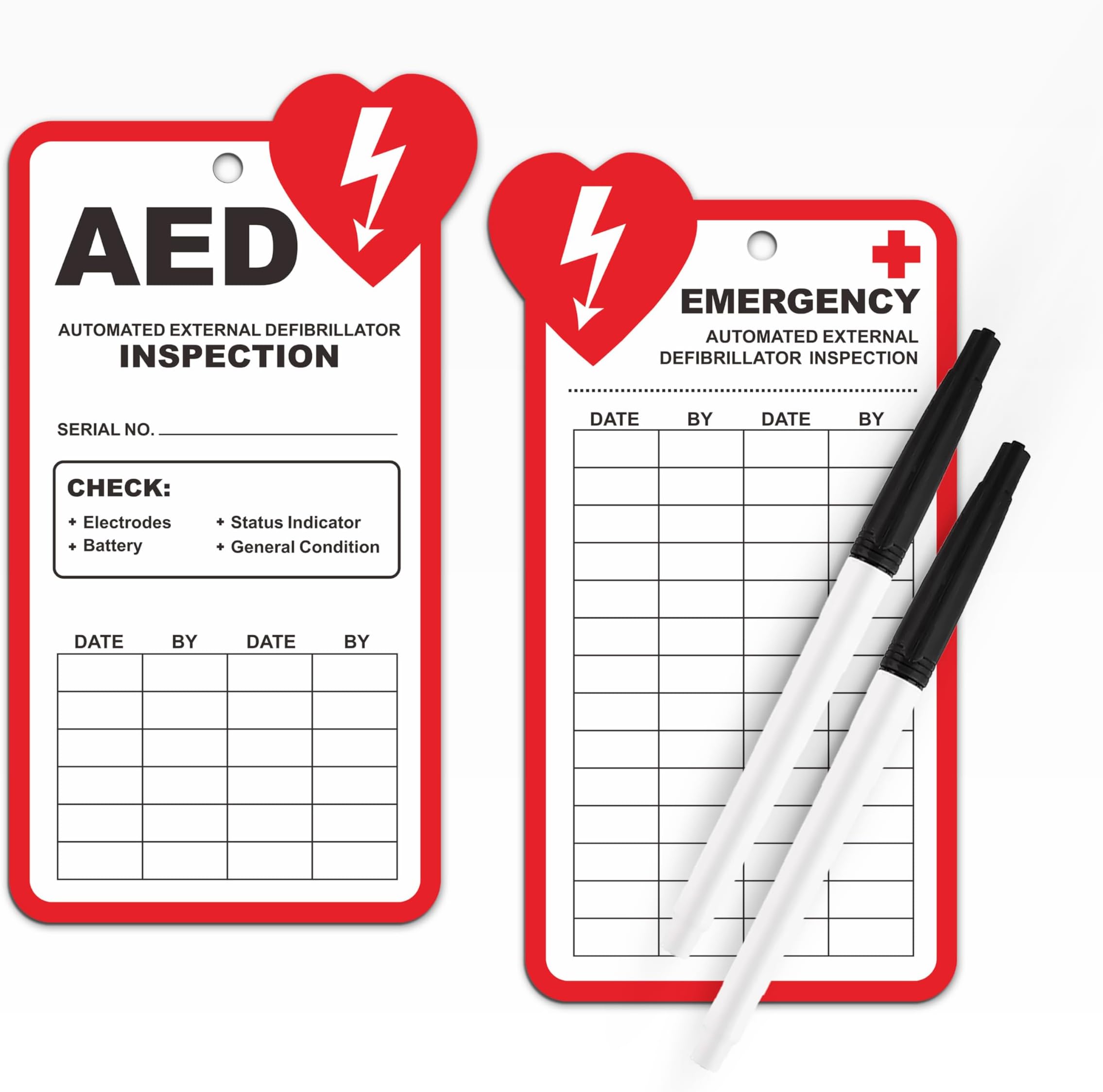 AED Inspection Tags, 25 Pack with Zip Ties, 30 mil Plastic, OSHA Tearproof Waterproof Record Cards