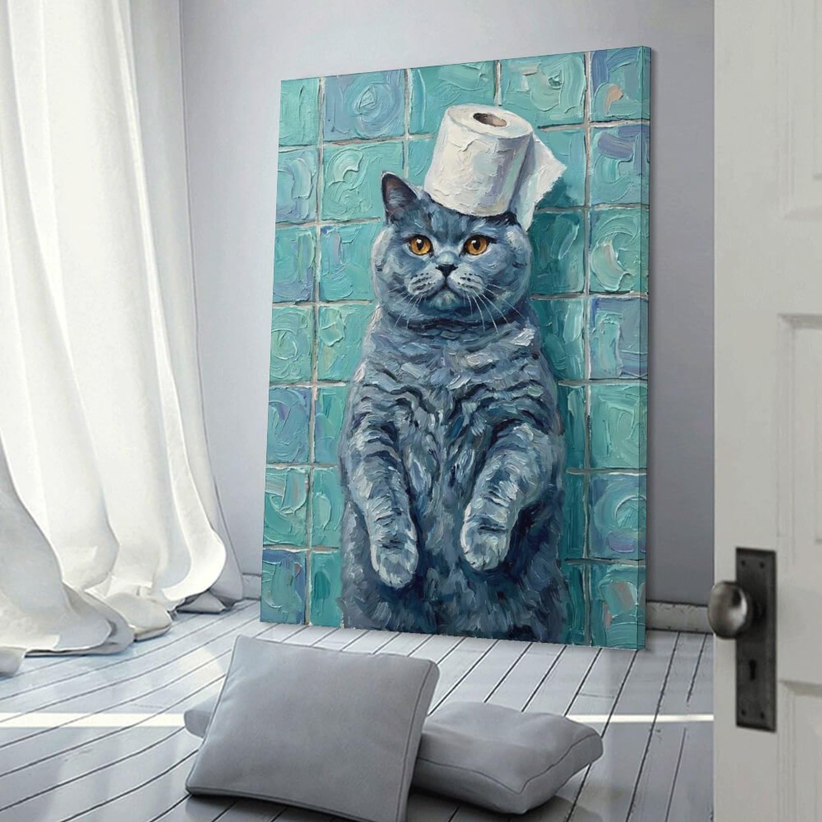 Junmoney Cat British Shorthair with Toilet Paper Wall Decor Canvas Print 24x36inch(60x90cm), for Sofa Walls, Lounge Or Home Corners, Modern Wall Decor for Cosy Interiors