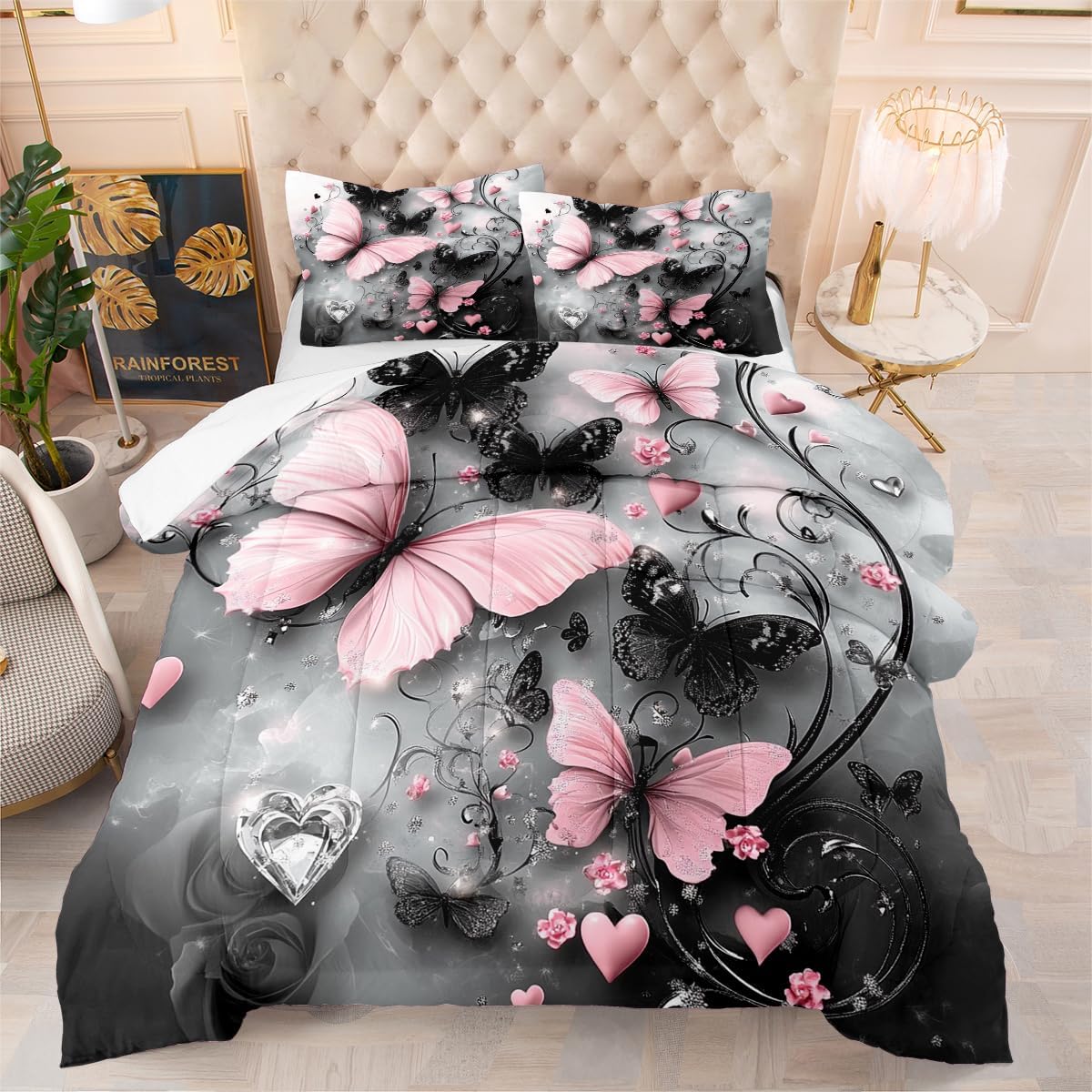 Black Floral Comforter Set King Size Spring Pink Heart Butterfly Comforter Romantic Flower Garden Coquette Soft Breathable Microfiber Cottagecore Bedding Set 3 Pcs for Bedroom Decor