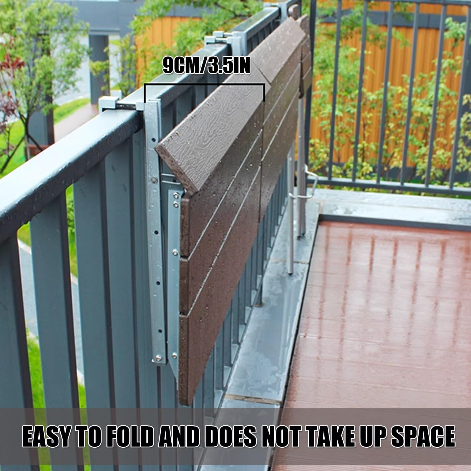 Mesa de bar plegable para balcón para barandillas, mesa de servicio para exteriores e interiores, banco de trabajo compacto para patio, terraza y balcón (31.5 pulgadas de largo x 14.6 pulgadas de