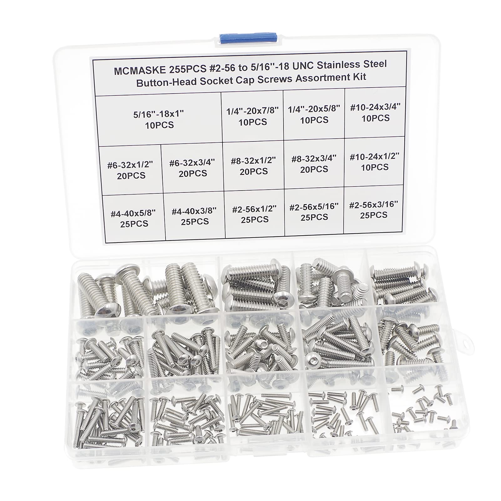 MCMASKE #2-56#4-40#6-32#8-32#10-24 1/4"-20 5/16"-18 UNC 304 Stainless Steel Button-Head Socket Cap Screws Assortment Kit