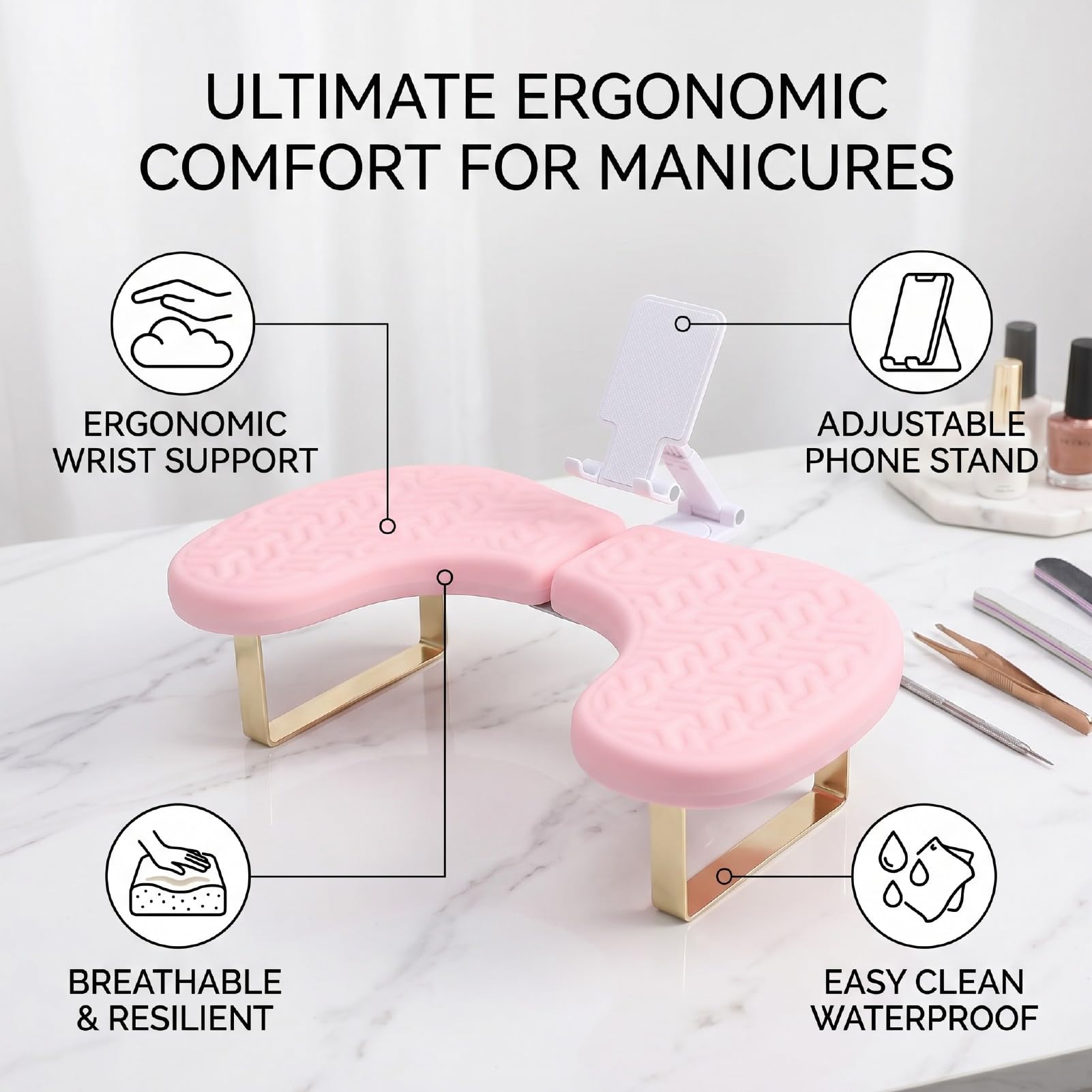 Sonew Podpórka na Dłonie do Paznokci, Oddychający, Ergonomiczny Podłokietnik do Manicure w Kształcie Litery U z wodoodporną podkładką z gąbką zapamiętującą Kształt Salonu Paznokci (PINK)