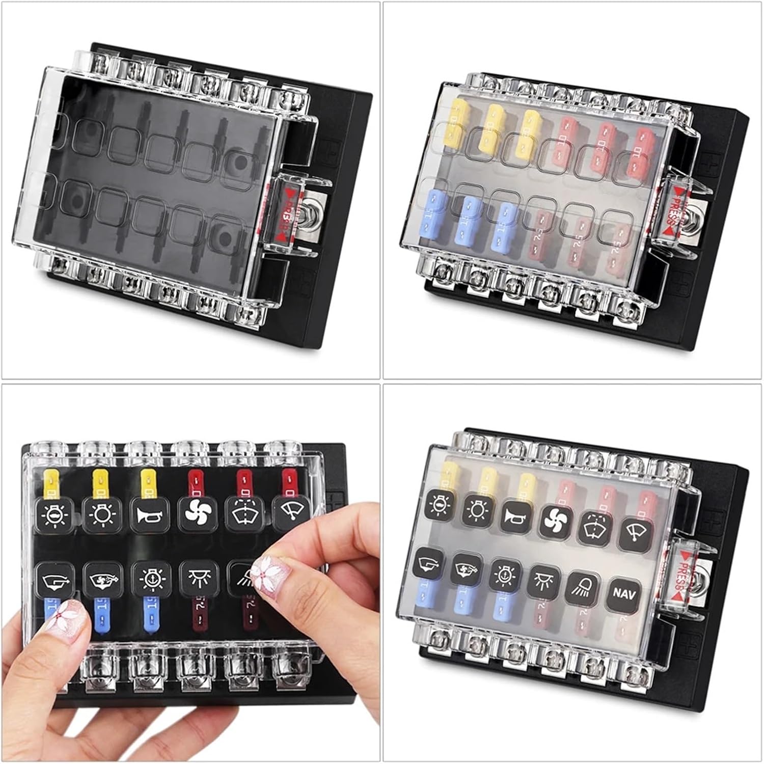 Car Fused 12 Way Car Marine Boat 24V Fuse Box Blade Base Block Holder Screw Nut Terminal Free Fuses Cover Replacement