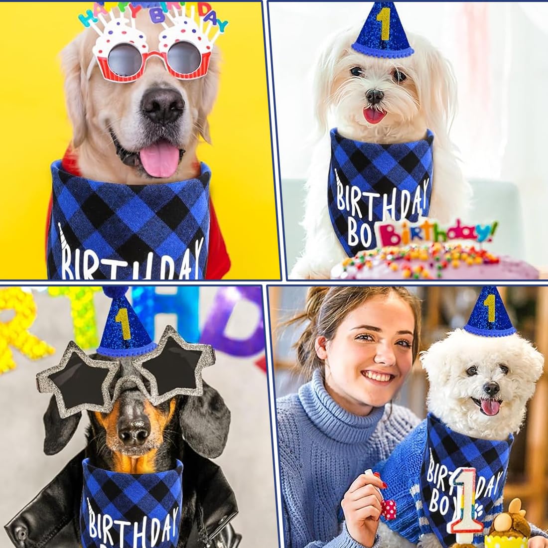 WUSJCOF Set Compleanno Cane 3 Pezzi, Bandana e Cappello con 8 Numeri Bling Adesivi, Regalo di Compleanno per Cani, Decorazioni per Festa di Compleanno Cane (Blu)