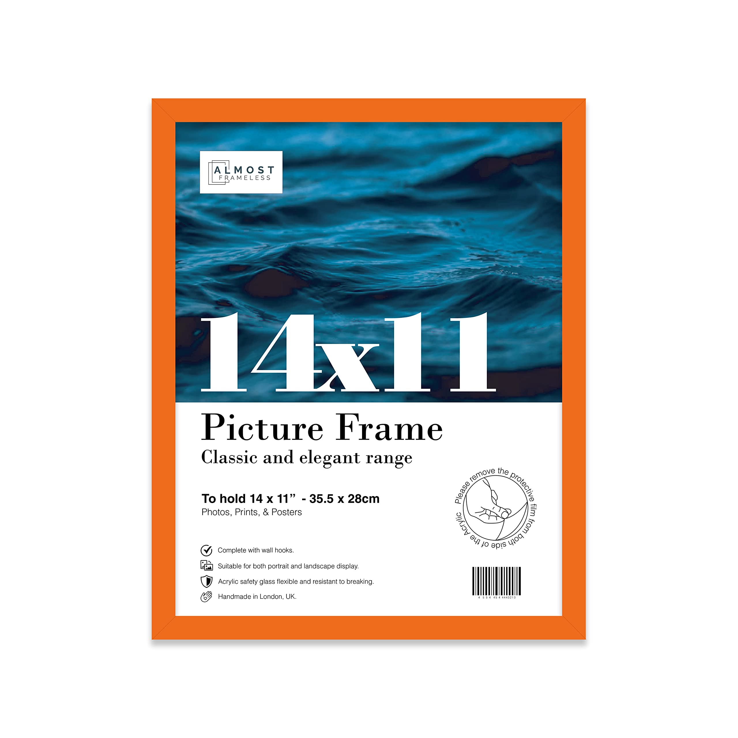 Almost Frameless 14x11 Orange Picture Frame 14"x11"(35.6x27.9cm) Poster, Photo, Artwork, or Print. Thin Edge Slim Frame Portrait and Landscape Display with Wall Hooks