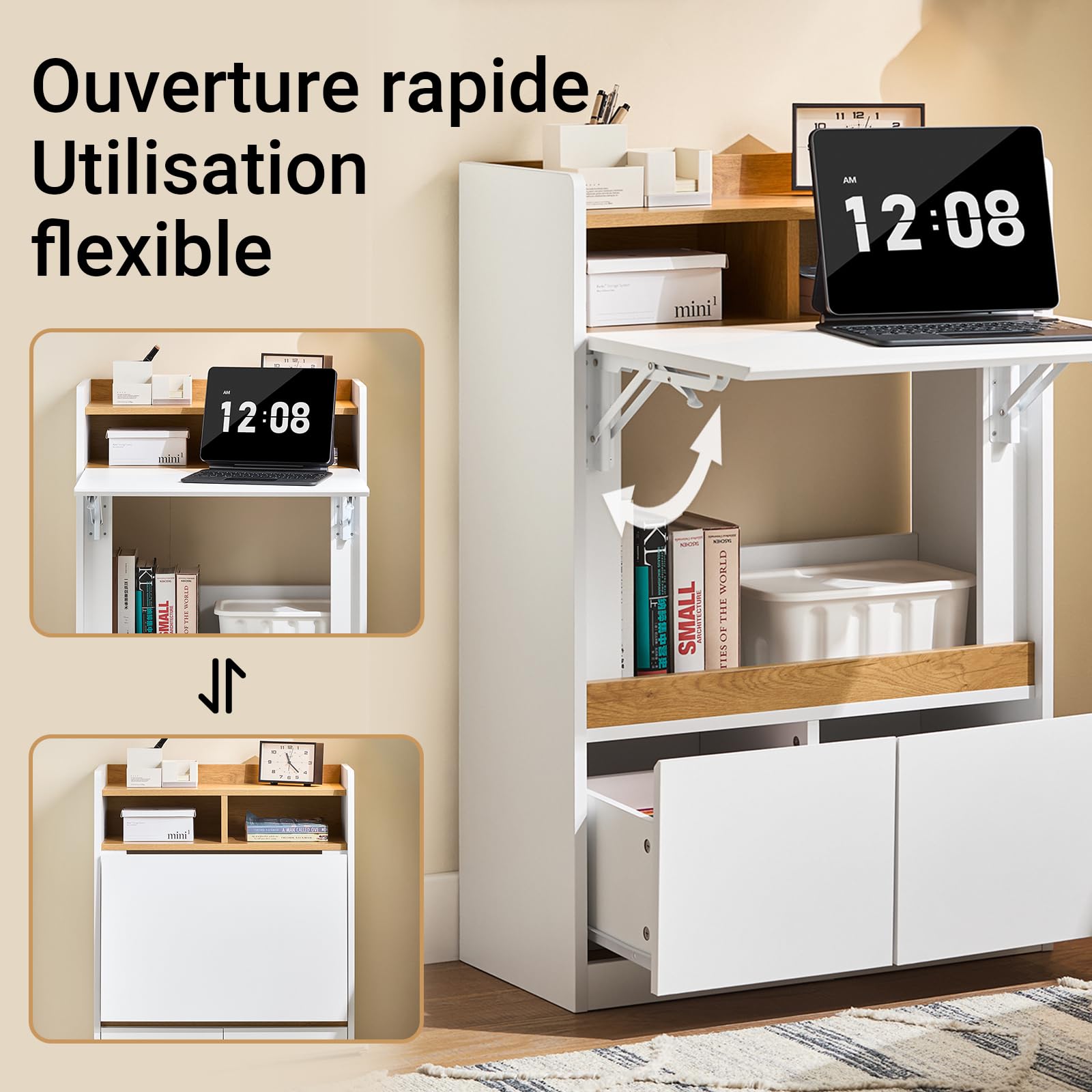 SoBuy Bureau Pliable avec 3 Étagères et 2 Tiroirs 63x67x93cm Bureau
