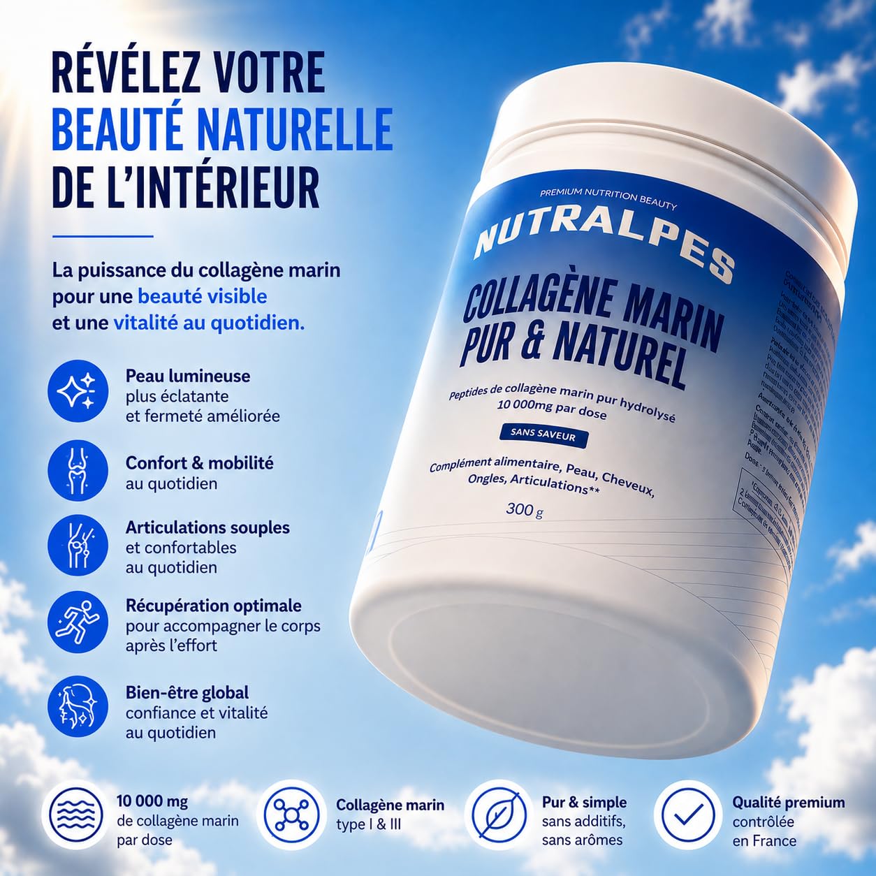 Collagène Marin Poudre 10 000 mg | Beauté & Récupération | Peptides Hydrolysés Type I & III | Sans Saveur Sans Sucre | 300 g Cure 30 Jours | Fabriqué en France