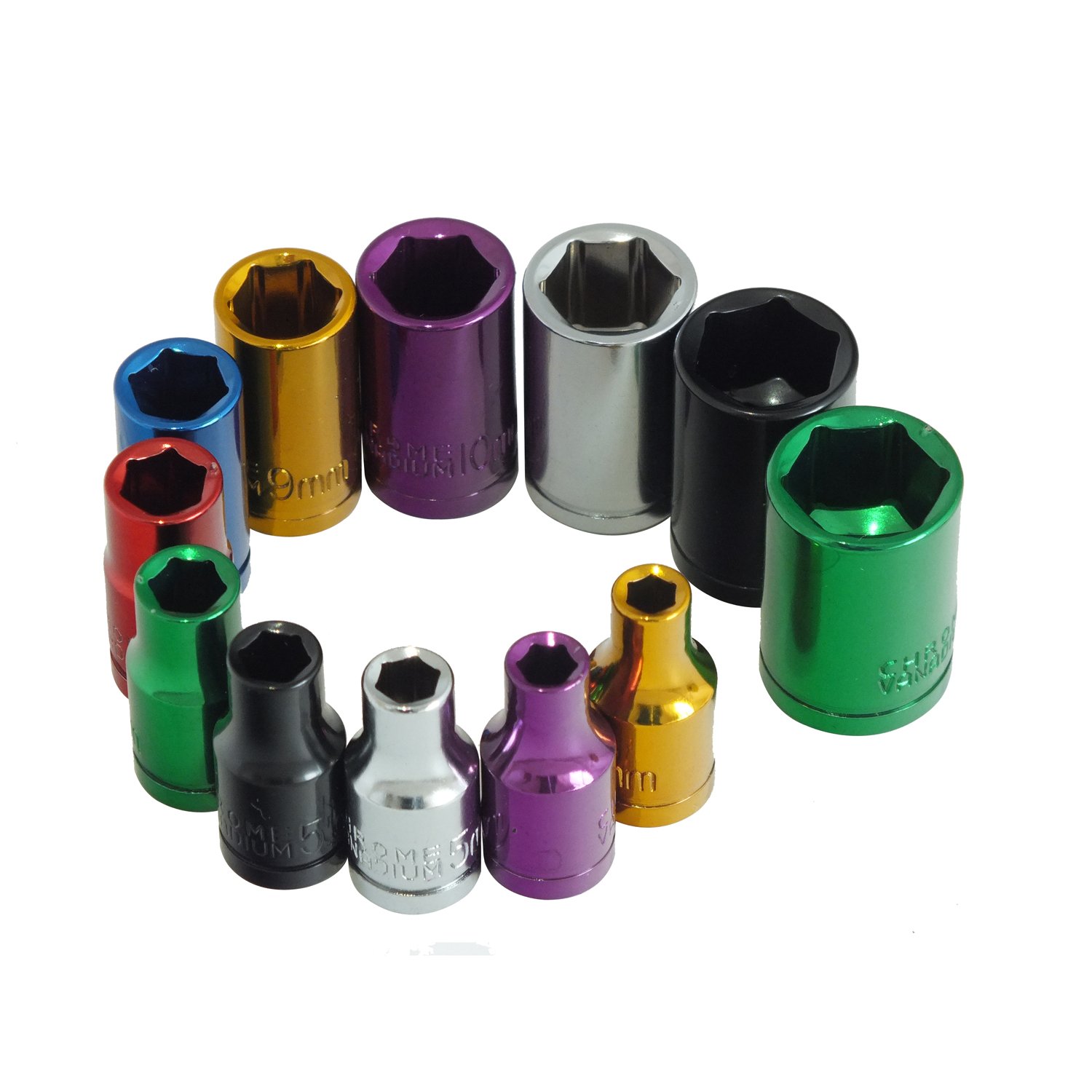 Voche 12 Piece 1/4" Shallow Coloured Chrome Vanadium Sockets On Rail