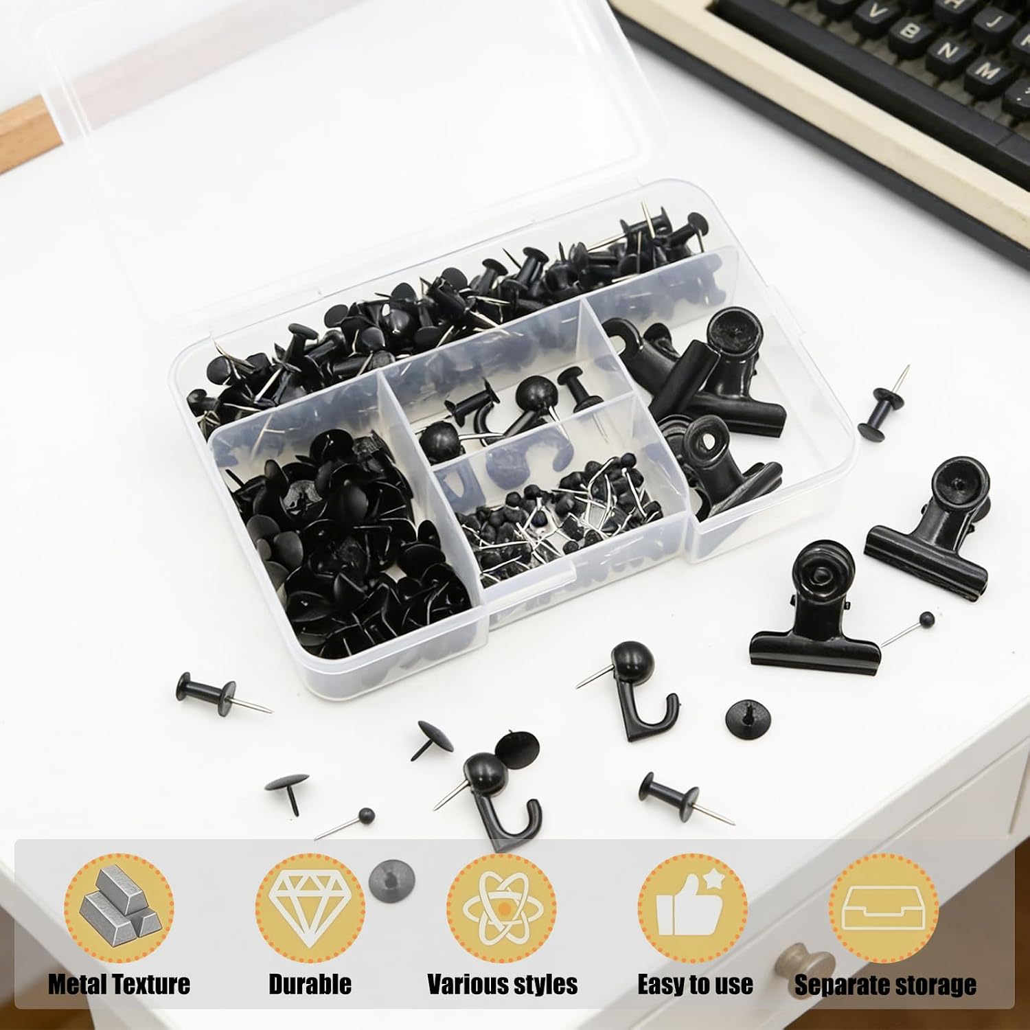 310 PCS Black Push Pins Set 5 Types Decorative Thumb Tacks image 3