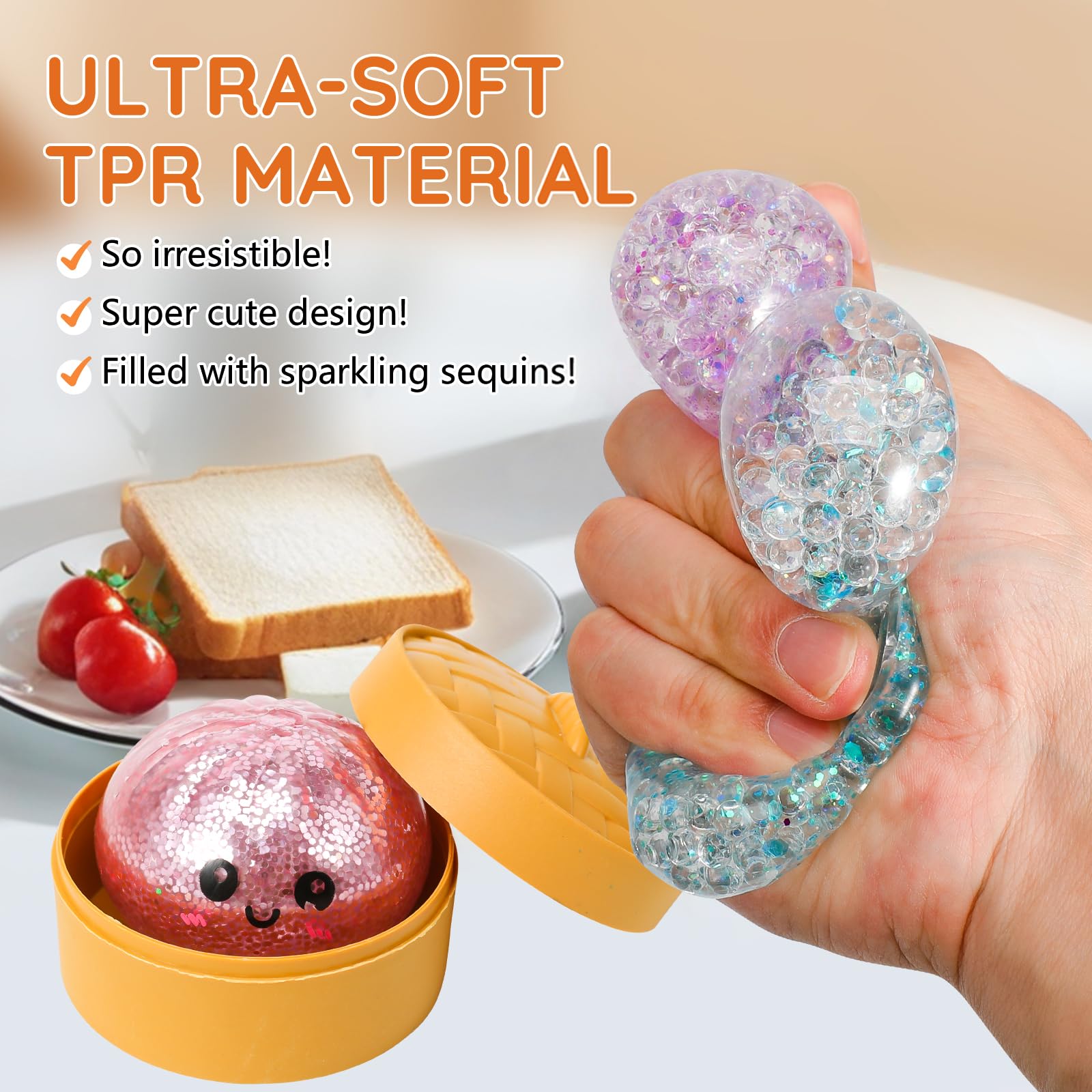 12 pezzi Mystery Dumplings Squishy Buns con scatola per cottura a vapore, giganti gnocchi glitterati, set da gioco sensoriale, per alleviare lo stress e la coordinazione, per bambini e adulti (B)