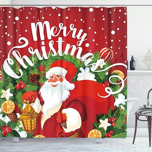 Cortina de ducha con texto en inglés "Merry Christmas", con diseño de Papá Noel y bayas de acebo sobre fondo rojo, tela de poliéster impermeable, 72