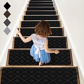 RIOLAND Non-Slip Carpet Stair Treads for Wooden Steps, 15 Pack Indoor Stair Runner with Reusable Adhesive Modern Anti Moving Safety Stair Rugs for Kids Dogs & Elders, 8" X 30", Rhombus Black