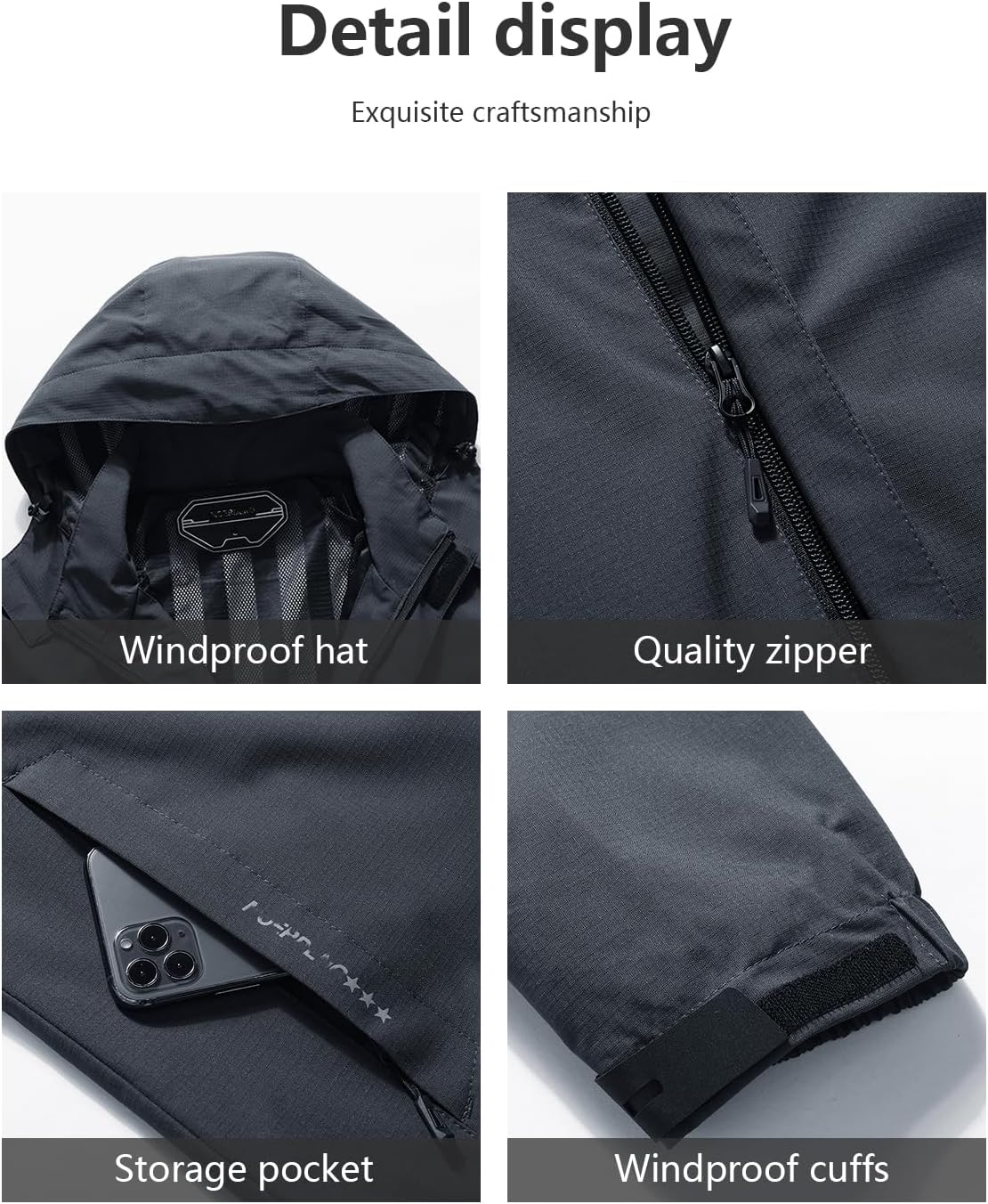Outdoor Men's Waterproof Raincoat Windbreaker Lightweight Rain Jacket with Detachable Hood - Image 4