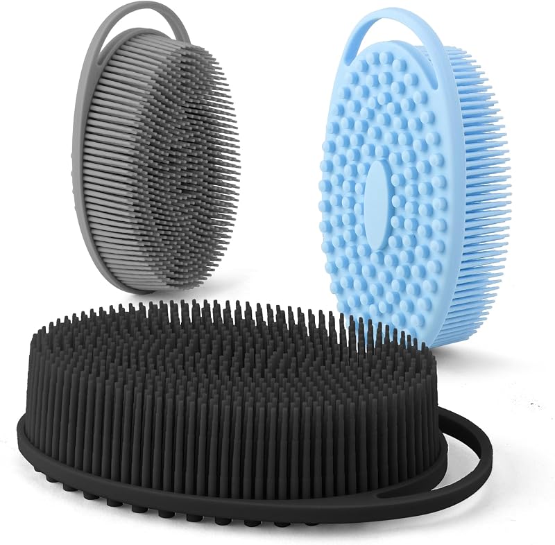 Escova de banho corporal de silicone dupla face WRNZL, conjunto com 3, Preto, Azul e Cinza