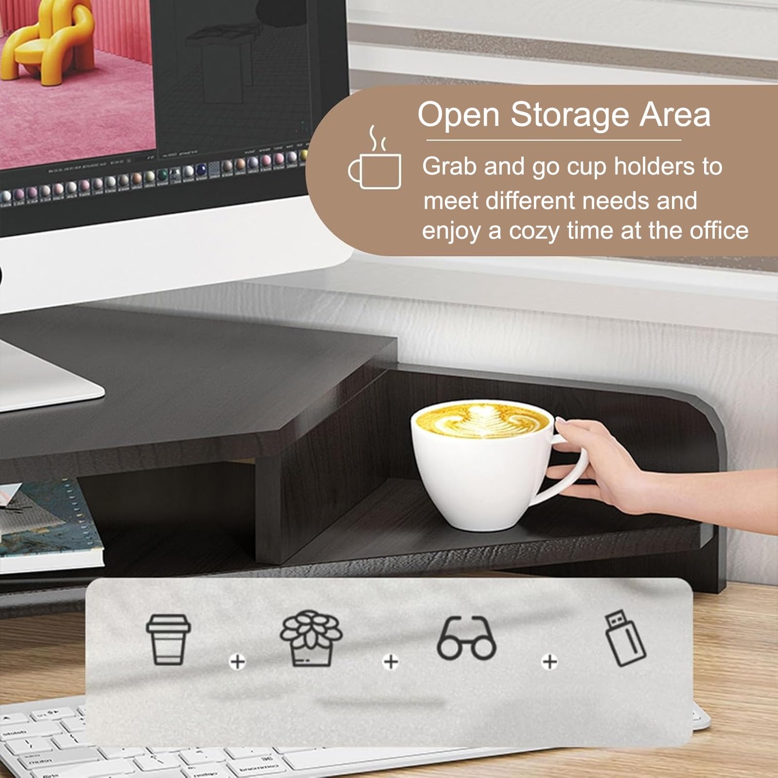 Supporto angolare ergonomico per Monitor, Rialzo da scrivania con portabicchieri e 2 Ripiani portaoggetti, Organizer salvaspazio per scrivania da Ufficio
