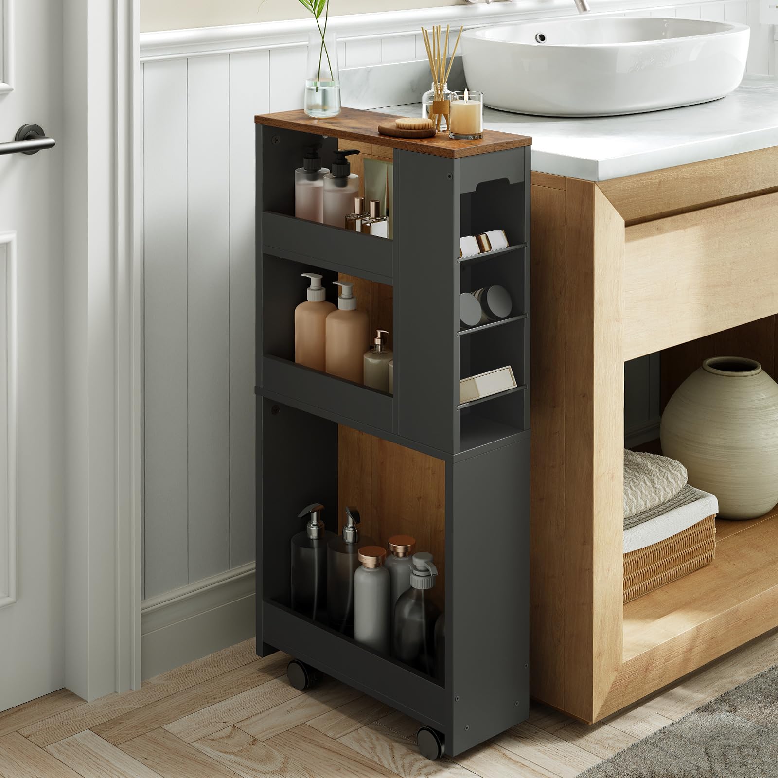 HOOBRO Carro Estrecho de 4 Niveles, 40 x 15 x 85,5 cm, con 4 Ruedas Giratorias Bloqueables, para Espacio Pequeño, Cocina, Baño, Sala de Estar, Negro y Marrón Rústico EBF84TC01