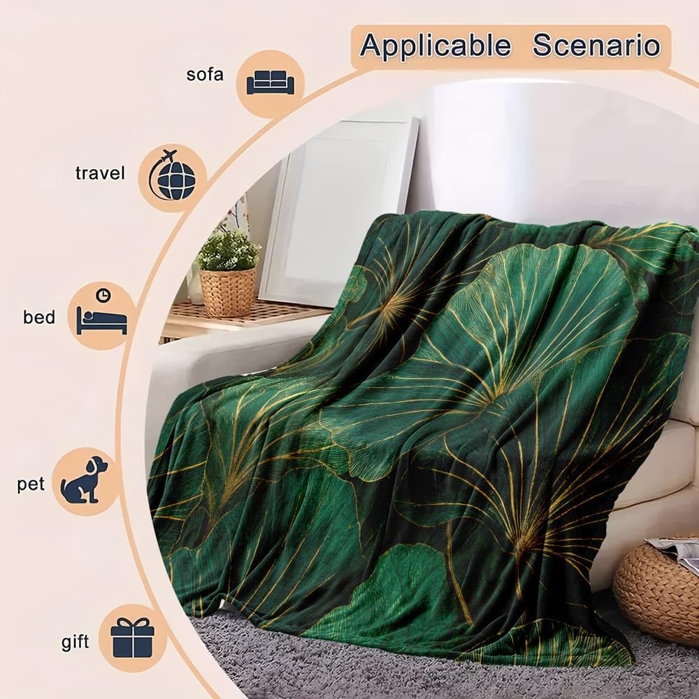 Generico Lekki antystatyczny koc wełniany XXL 180 x 220 cm Liść palmowy wzór Super miękki ciemnozielony koc flanelowy na łóżko sofa biuro ochraniacz na kolana łóżko samochód kemping plaża