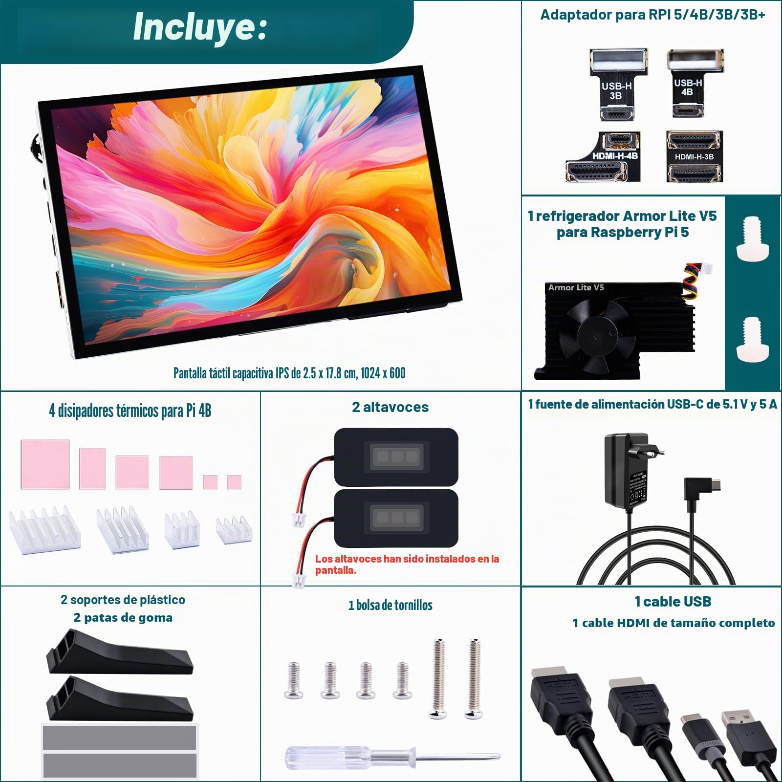 GeeekPi Pantalla Táctil Capacitiva de 7 Pulgadas para Raspberry Pi, Monitor HDMI IPS 1024X600 con Altavoz Dual, Compatible con Raspberry Pi 5/4B/3B+/3B/B+, con Orificios de Montaje