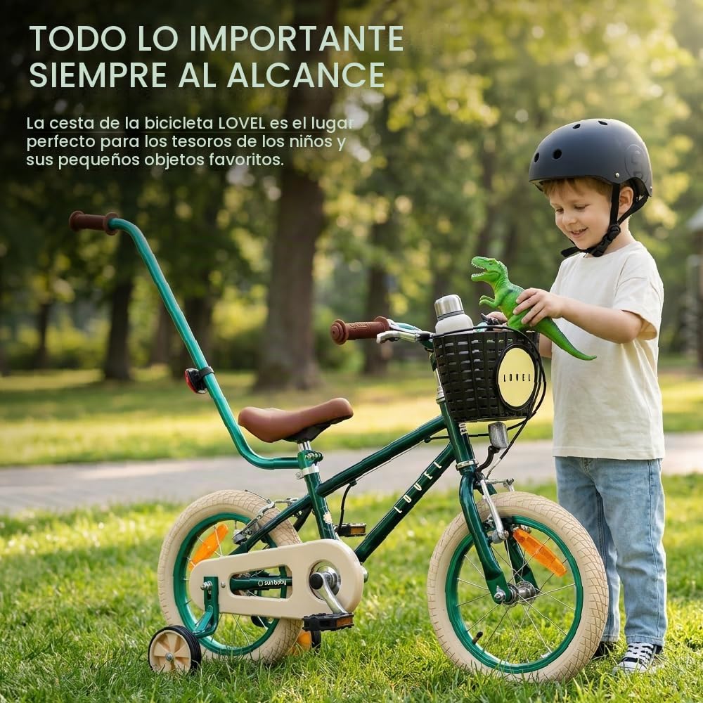 sun baby Lovel Bicicleta niño y niña 14 o 16" | Para 3–6 años, hasta 50 kg, ruedines, cesta, timbre y protector de cadena