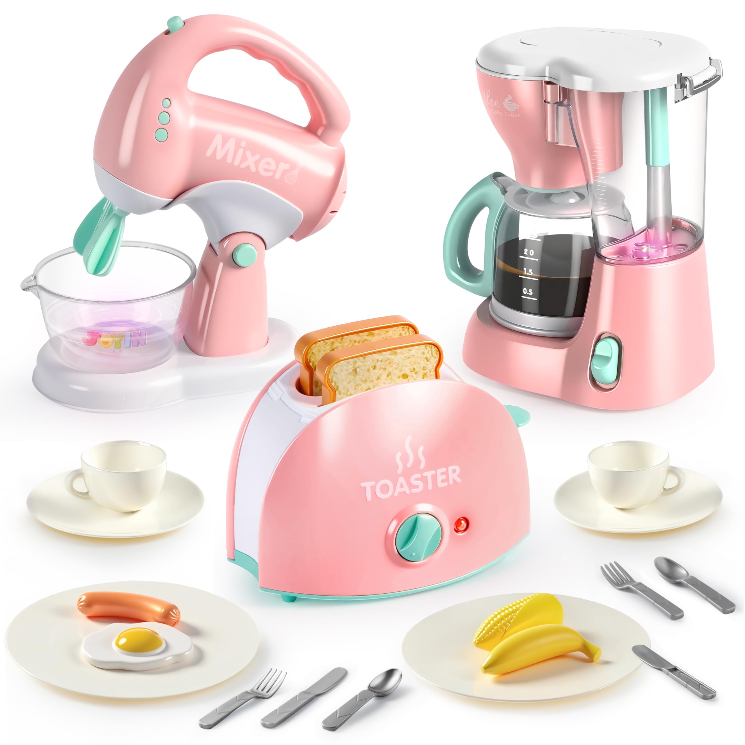 Joyin Play Kitchen Toys, Pretend Food Kitchen Accessories Girls Toy with Coffee Maker, Mixer, Toaster with Realistic Lights& Sounds, Birthday Gift for Kids Gifts for Christmas