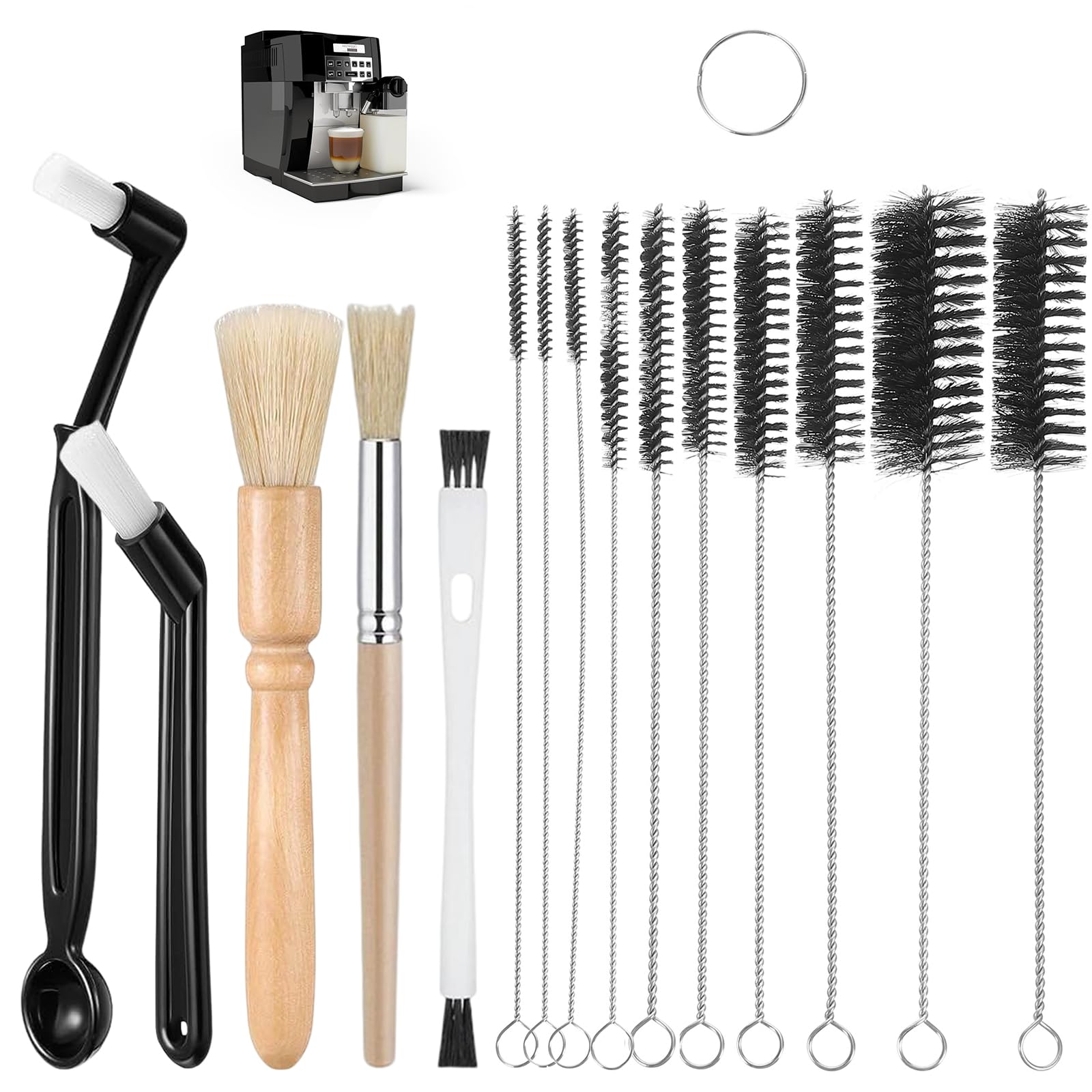 15 Pc Coffee Machine Cleaning Brush Set - Espresso & Grinder Brushes with Spoon & Thin Pipe Cleaners
