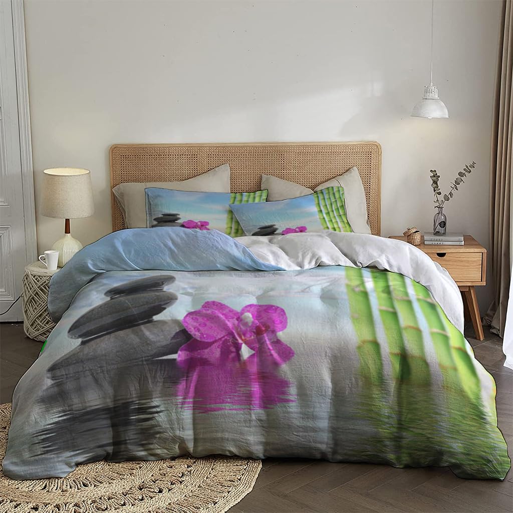 NIBAINLO 布団カバー水面に映る禅石と竹 肌に優しい ピーチスキン加工 掛け布団カバー 和式 洋式 あったか 布団カバーセット リバーシブル ホームステイ ホテル 家庭兼用