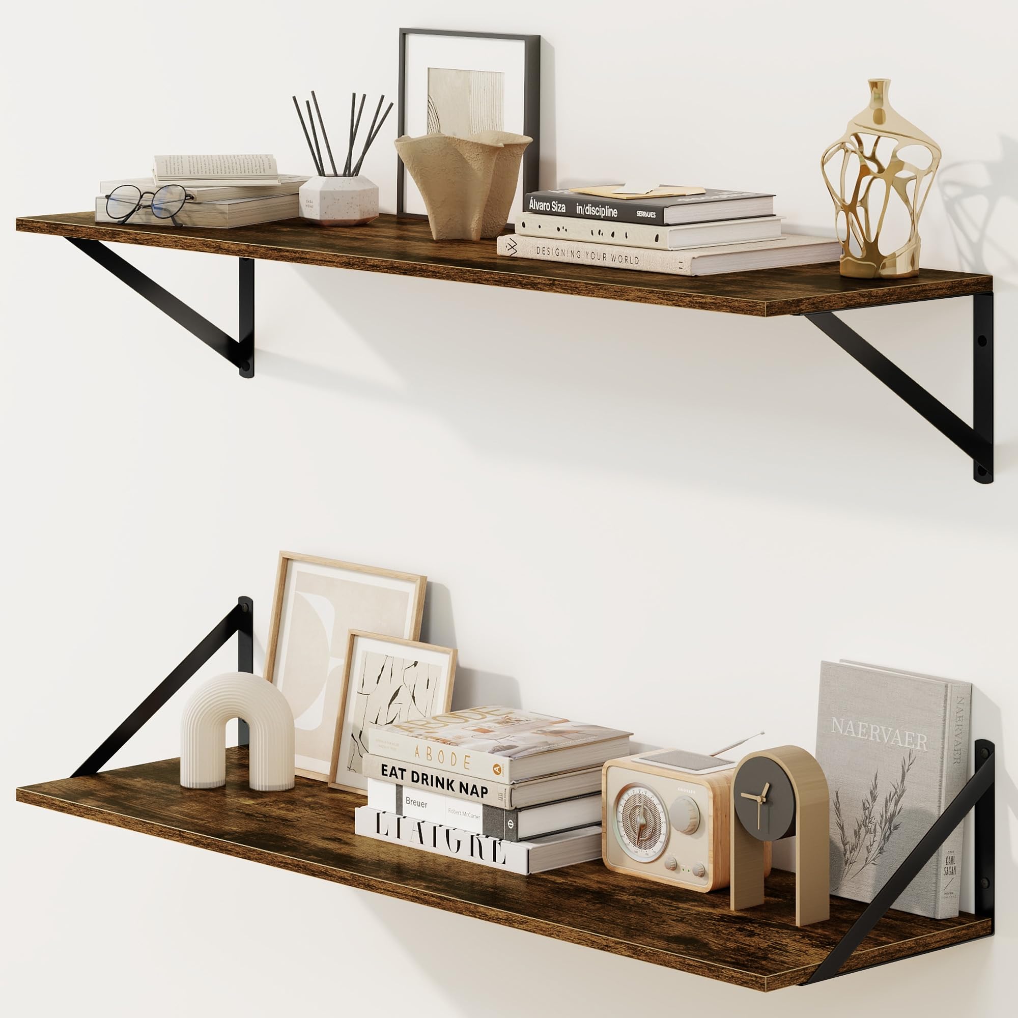 Fun Memories Deep Floating Shelves for Wall, 90 x 20 cm Wall Mounted Shelves Set of 2, Wide Display Ledge Shelf with Sturdy Metal Brackets for Living Room, Bathroom, Bedroom and Kitchen, Rustic Brown