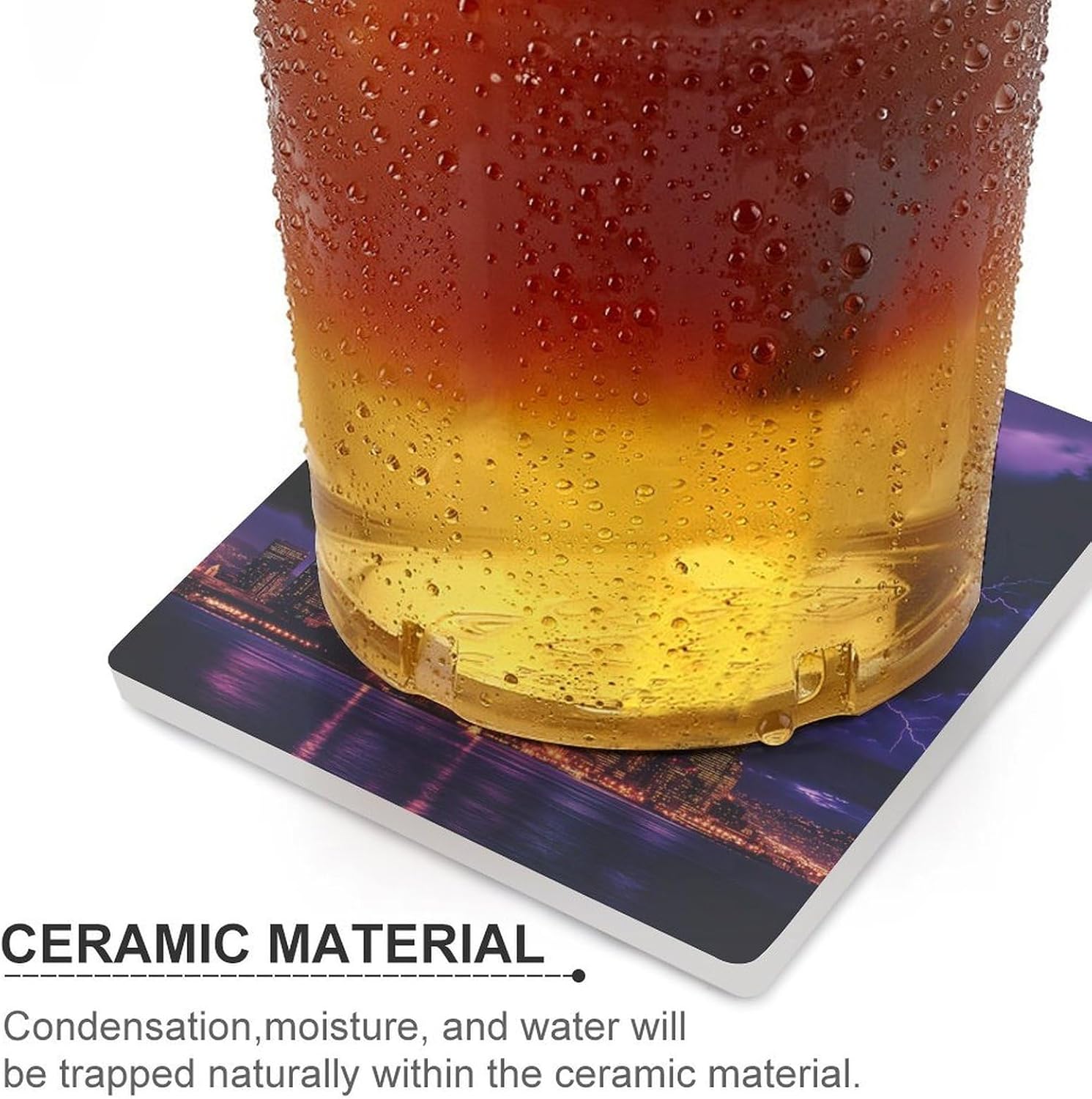 Light-ning Storm Over San Francisco Skyline Funny Ceramic Coasters for Drinks Absorbent Cup Holder Tabletop Protector with Cork Base