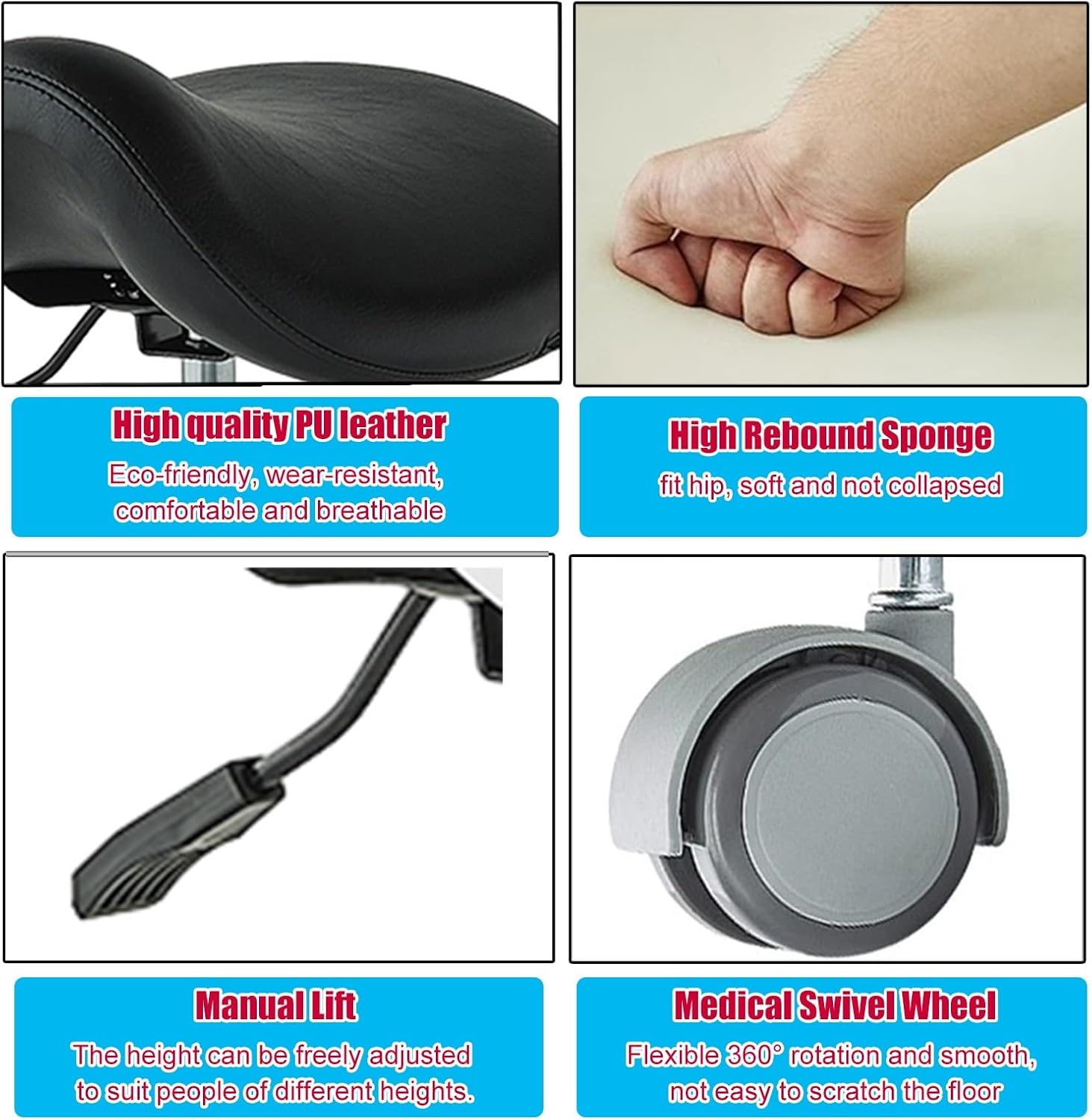 Ergonomic Adjustable Saddle Stool with Medical Wheels, Hydraulic Rolling Chair for Dentists & Hygienists, Easy to Install Professional Black Stool