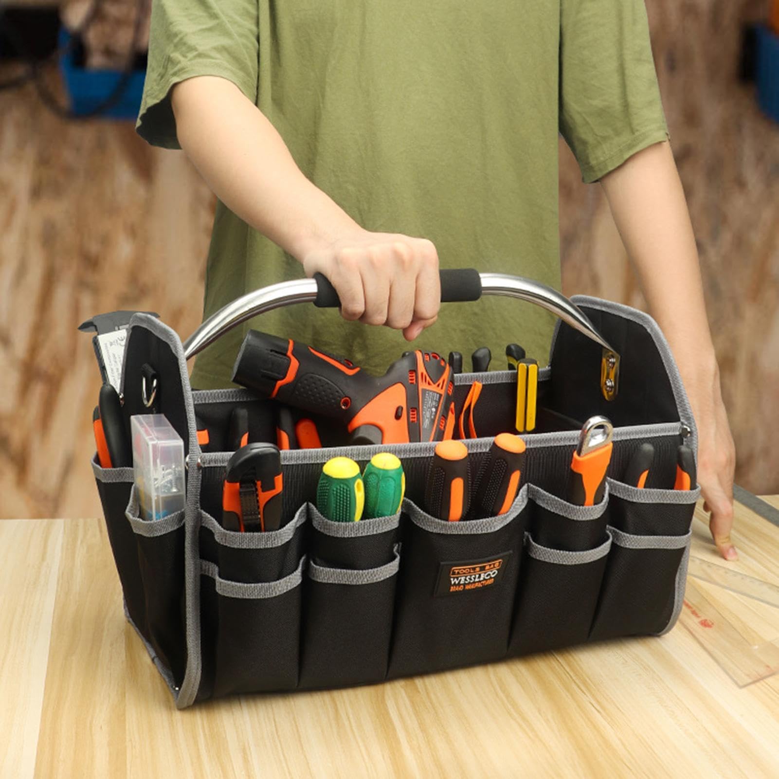 Borsa portautensili larga: tasche portautensili portatili, organizer per | piccoli utensili | organizer per impieghi pesanti, base stampata impermeabile, 21 tasche, tracolla per hom