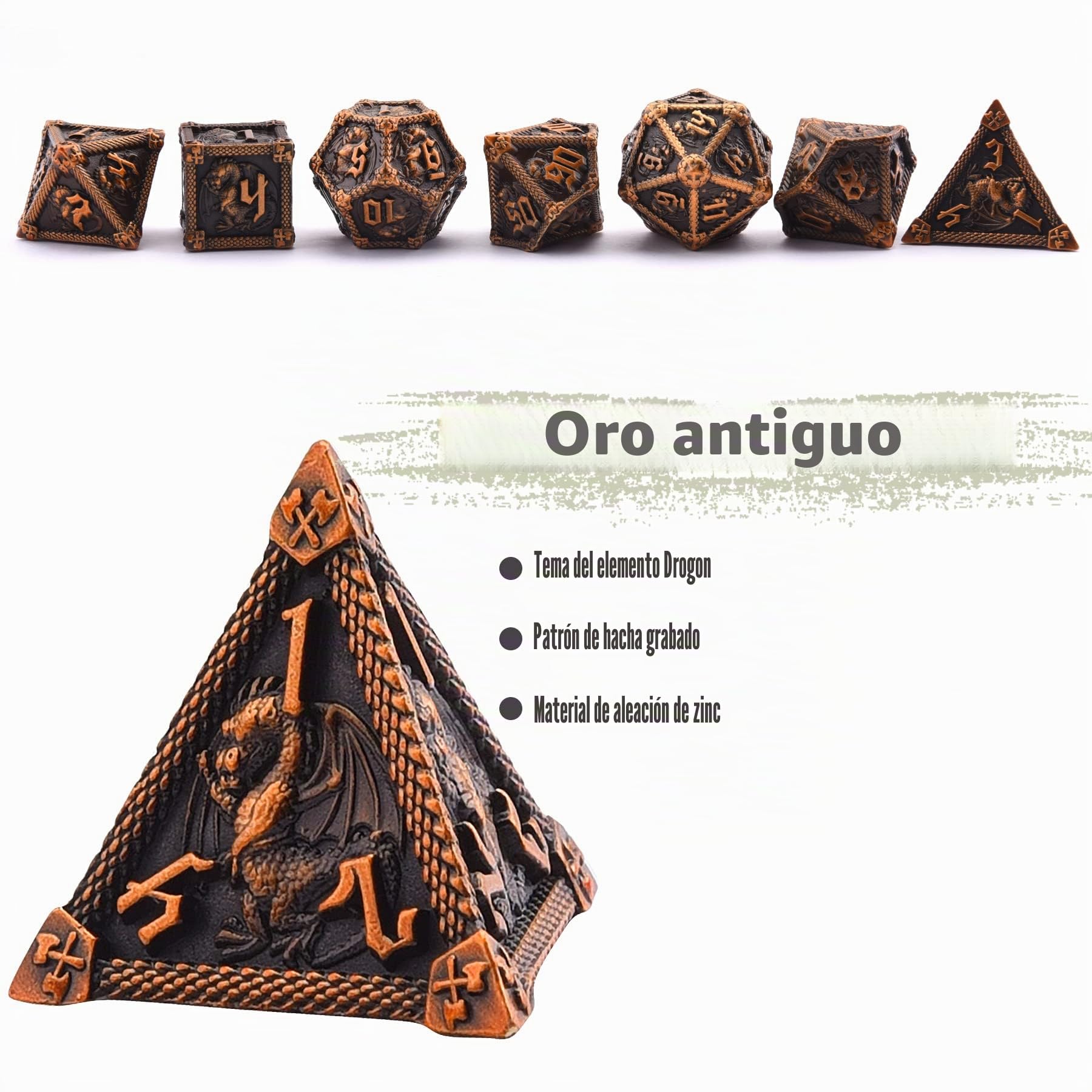 Set De 7 Dados De Metal Policédricos Para DND - Incluye D20, D12, D10, D%, D8, D6 Y D4, Con Diseño De Dragón Y Salpicaduras De Sangre, Estuche Metálico Incluido