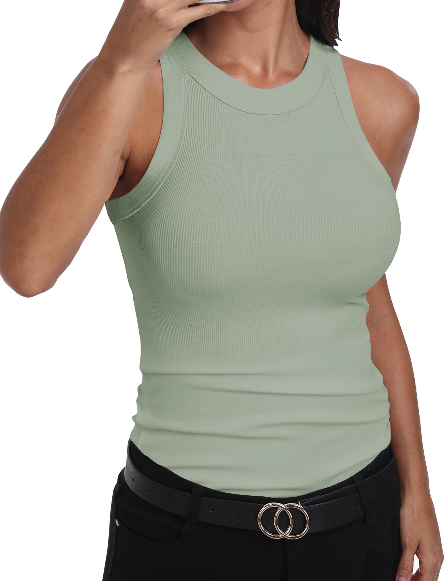 GEMBERA Womens Sleeveless Racerback High Neck Casual Basic Cotton Ribbed Fitted Tank Top