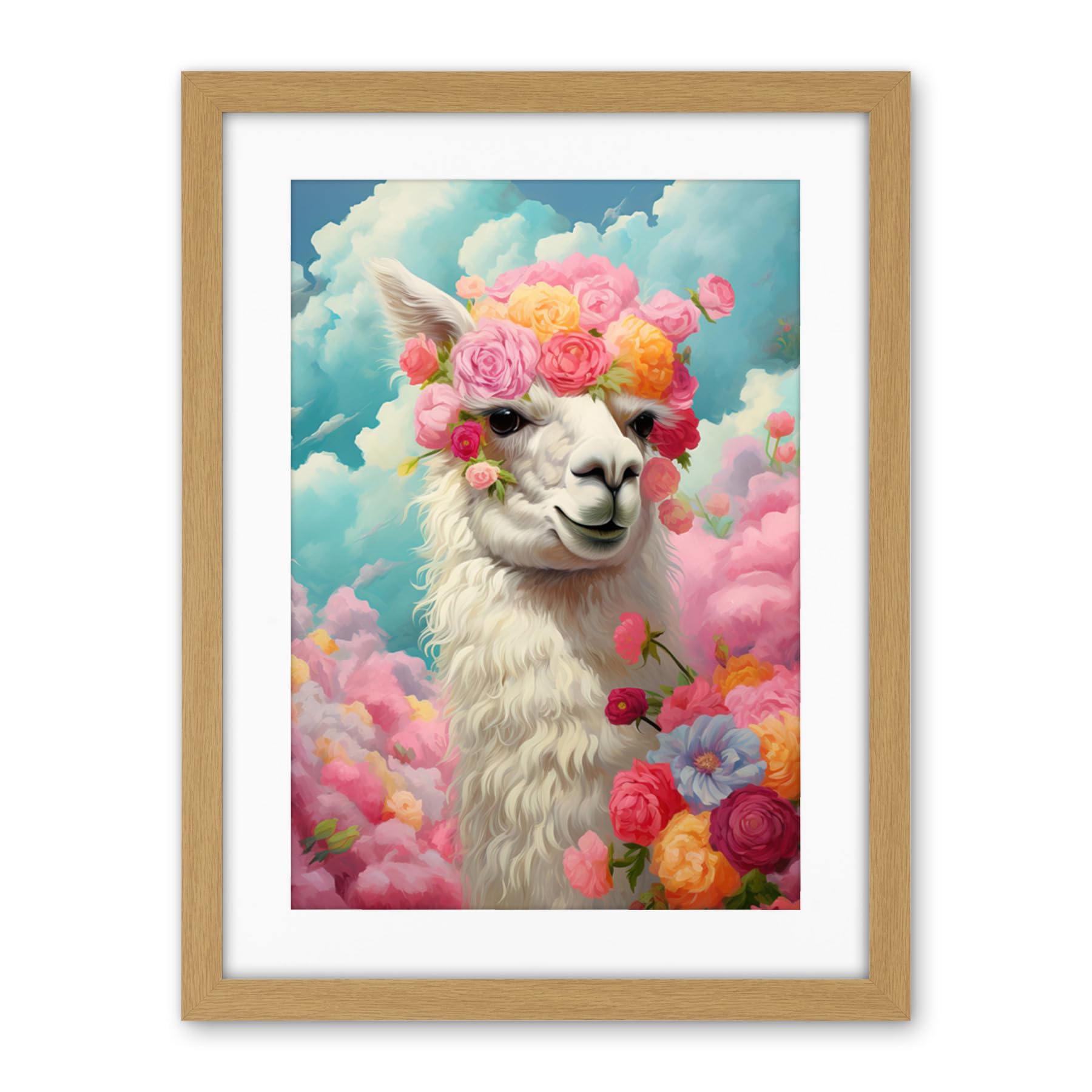 Artery8 Head in the Clouds Conceptual Artwork Fabulous Carefree Llama with Rose Flower Headband Kids Room Artwork Framed Wall Art Print 18X24 Inch