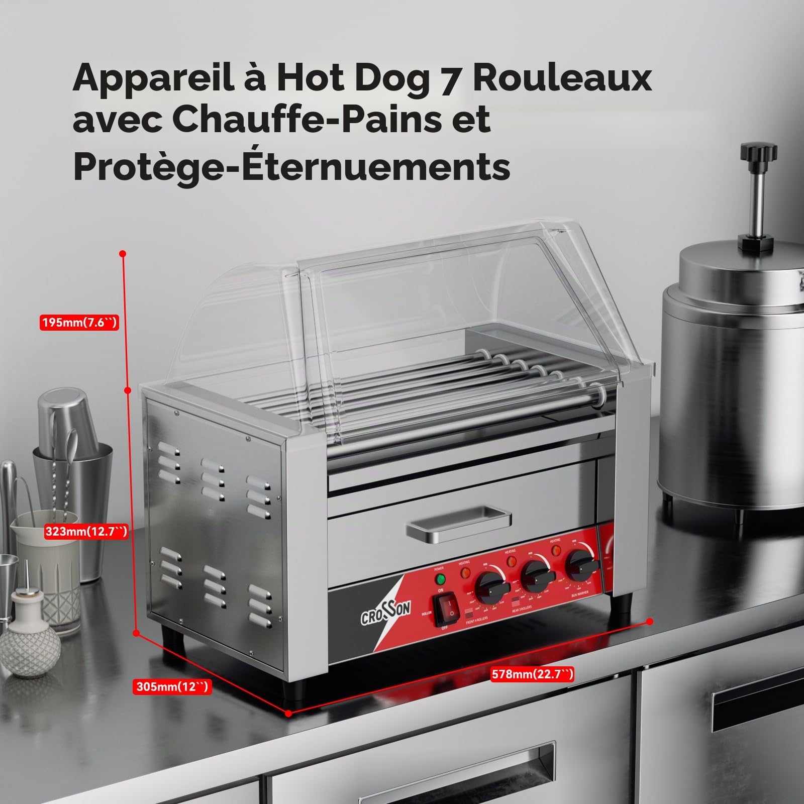 CROSSON 2 IN 1 Hot Dog Machine 7 Rouleaux avec Couvercle Visuel,1350W Machine à Hot Dog Professionnel avec Chauffe-pain en Acier Inoxydable,Double Contrôle de Température(espace pour 18 saucisses)