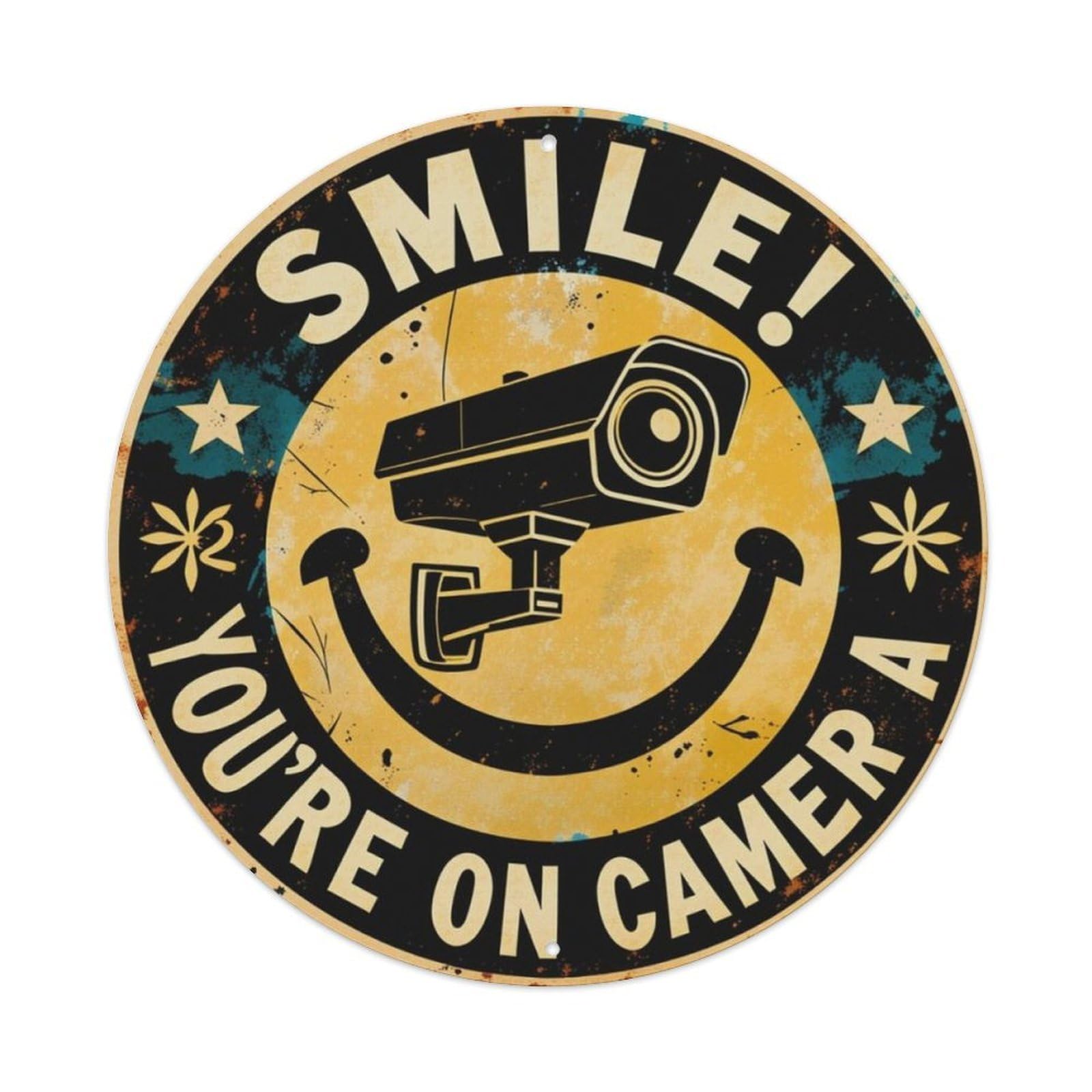 Vintage Rust CCTV Smile Security Warning Round Sign Vintage Aluminium Metal Sign, Retro Wall Decor for Home, Bar, Garage & Farmhouse 20x20cm