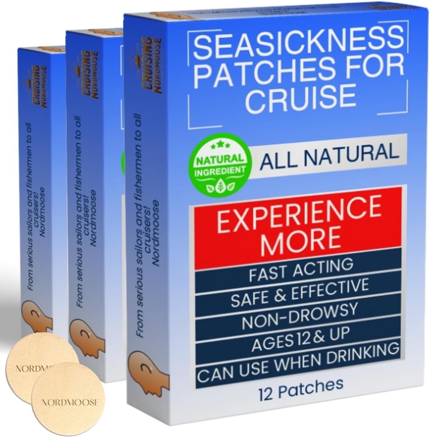 Sea Sickness Patches for Cruise - (3 Pack) - All Natural Motion Sickness Patches for Cruise - Non Drowsy Cruise Patches for Sea Sickness - Behind Ear Seasickness Patches for Cruise 3-boxes