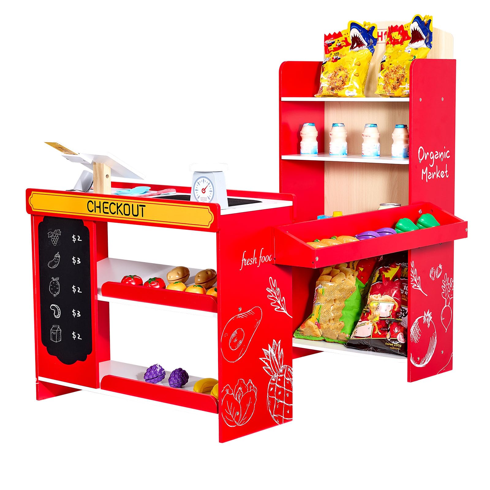 VEVOR Kids Pretend Play Grocery Store, Wooden Supermarket Toy Set with Shopping Bag, Conveyor Belt, Scanner, Cash Register, Realistic Scale, Gift for Boys & Girls