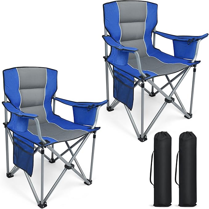 Outdoor Folding Camping Chairs 2 Pack Oversized Folding Chairs Heavy Duty Support 400 LBS with Cup Holder, Cooler Bag and Side Pocket, Carry Bag Included, Collapsible for Lawn Outside Sports