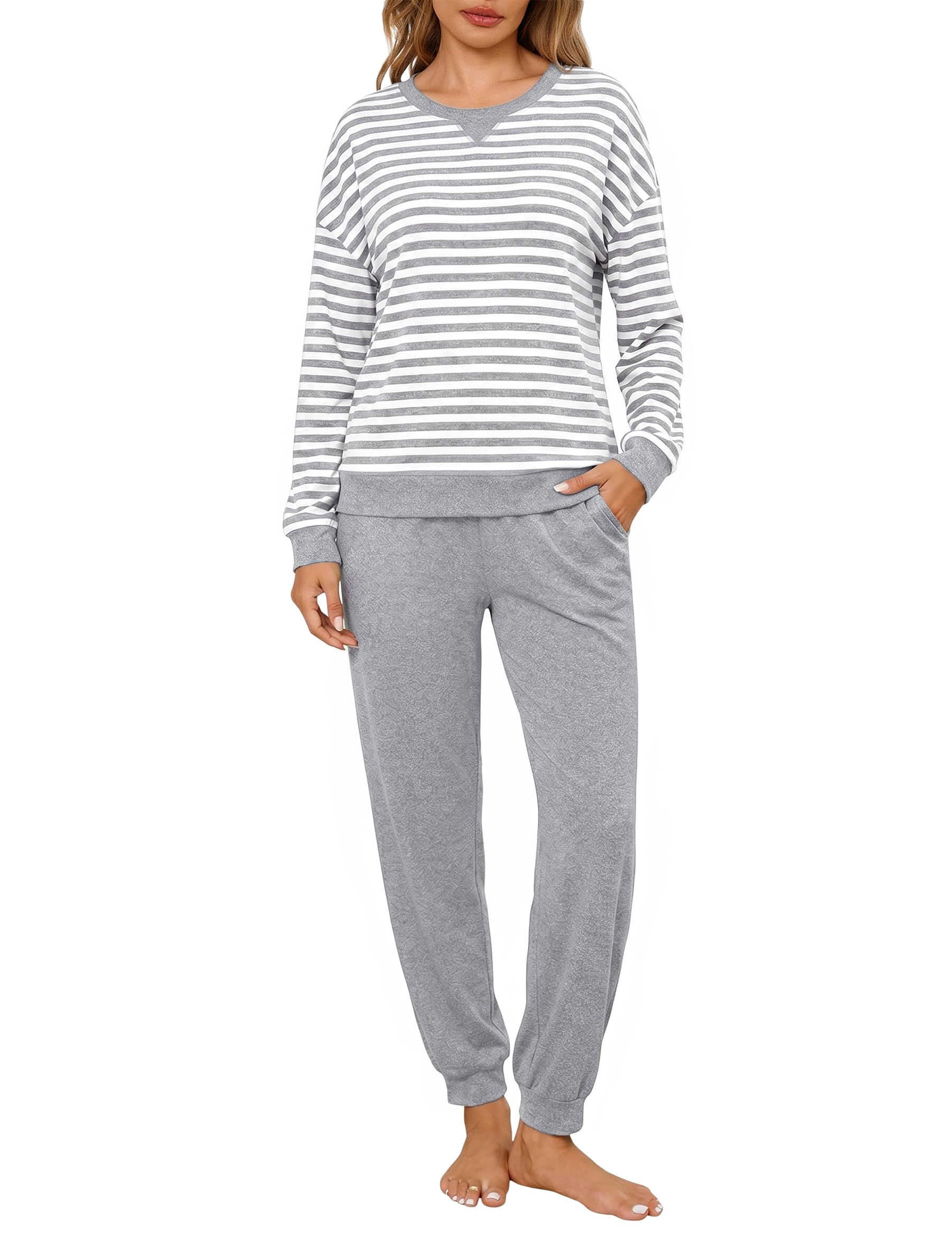 Leversic Schlafanzüge für Damen Lang Raglanärmel | Zweiteiliger Pyjama Set aus Baumwolle mit kontrastfarbenem Design; geeignet als Hausanzug und Nachtwäsche.