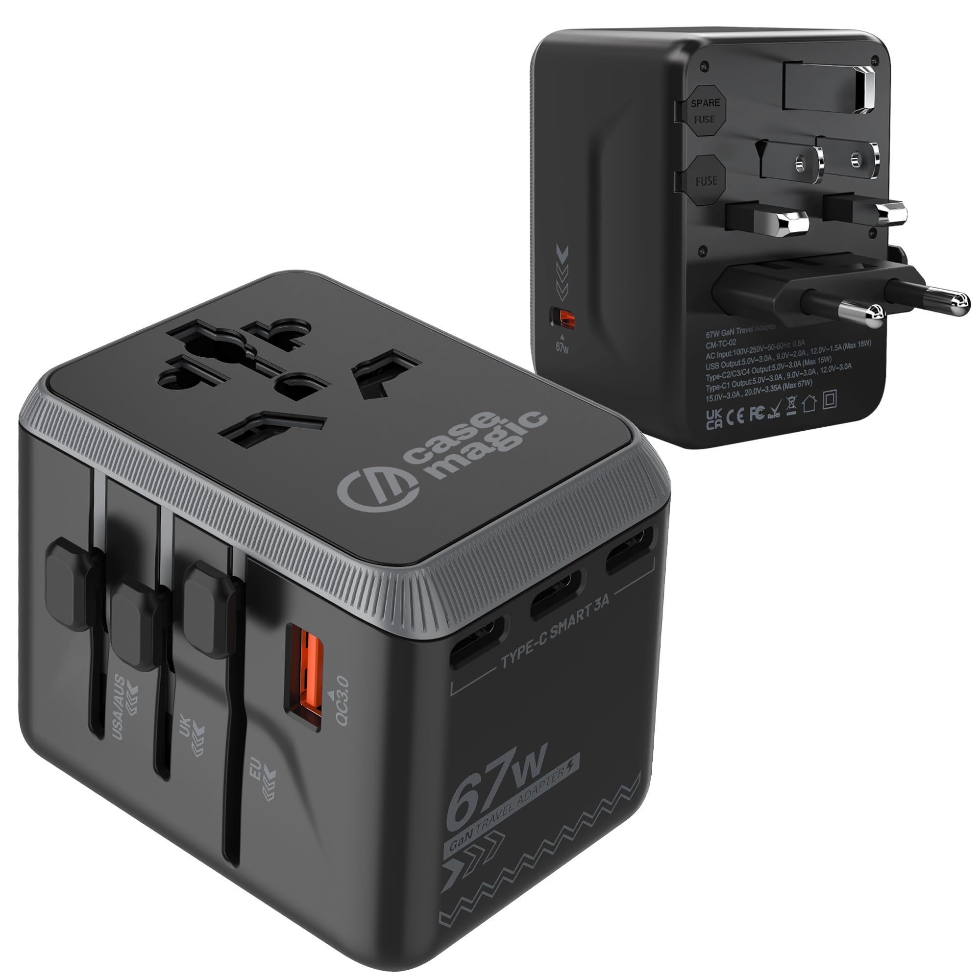Case-Magic 67W GaN Universal Travel Adapter, International All in One Worldwide Power Adapter for USA/AUS/UK/EU/ 200+ Countries, Wall Charger Type C, USB A QC3.0 for Laptop MacBook Smartphone Tablet-image-22