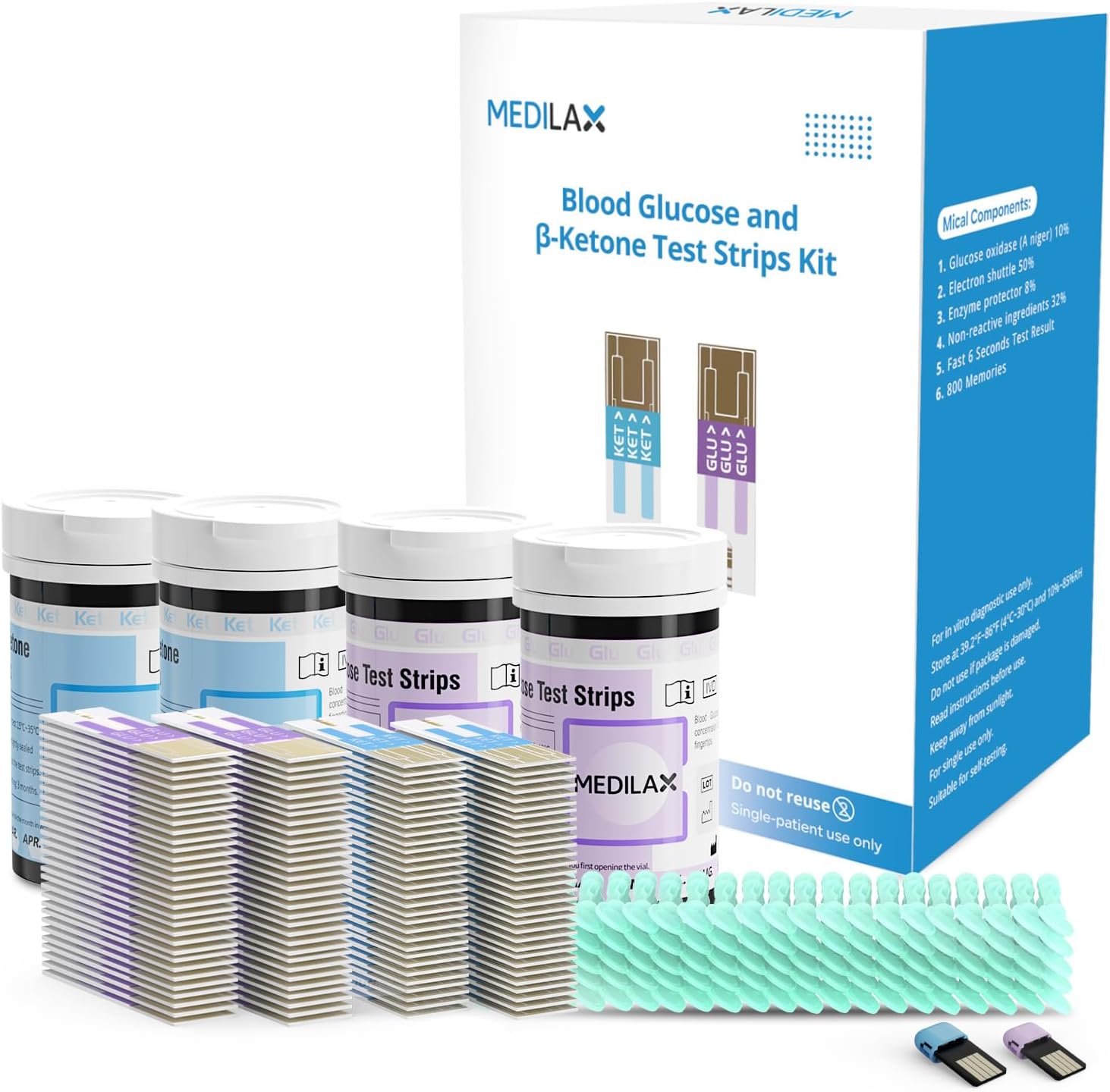Medilax Blood Glucose and Ketone Test Strips kit – 60 Ketone Test Strips for Keto Diet, 60 Sugar Test Strips, 120 Blood Lancets Included