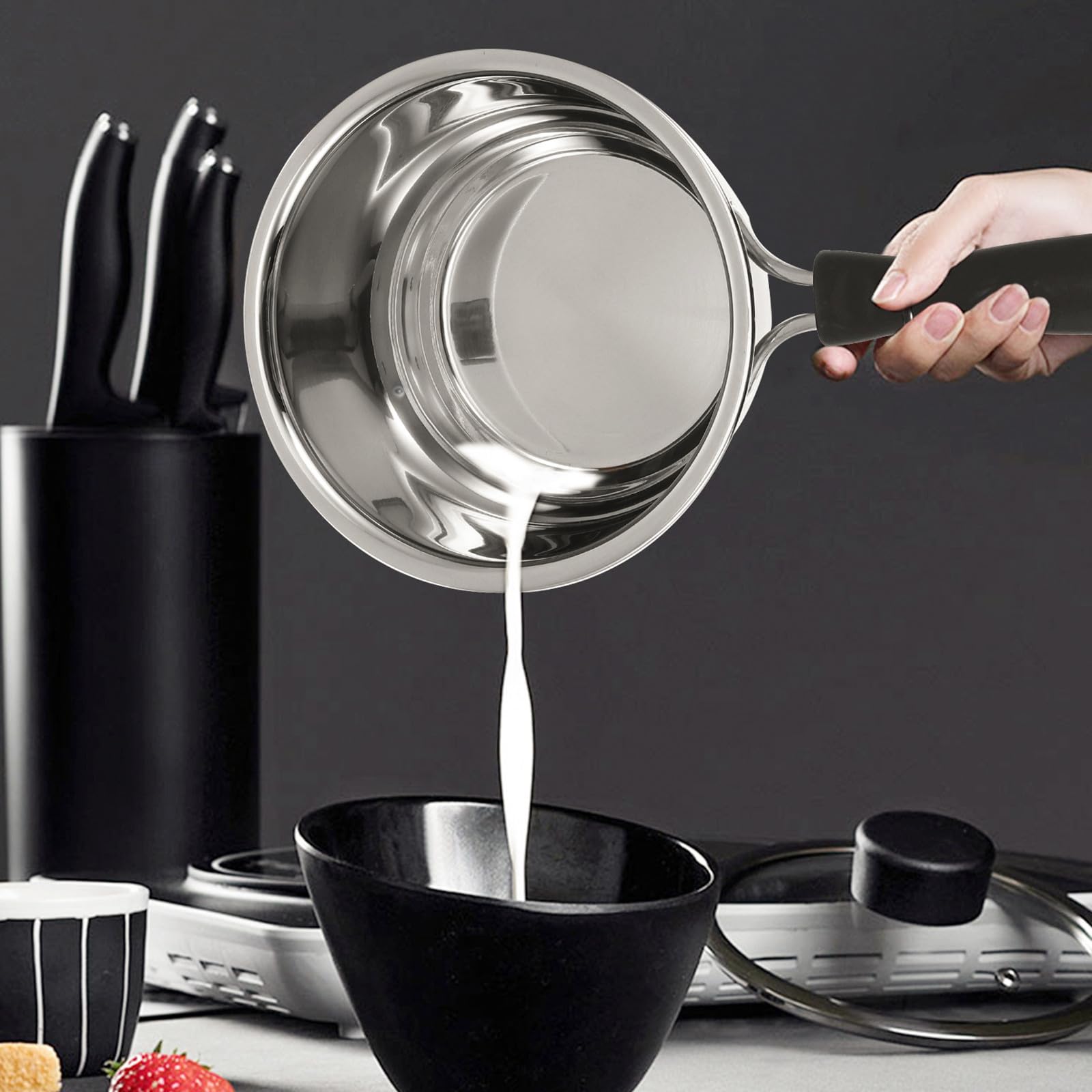 Eingedickter Suppentopf aus Edelstahl, 1 Stück, Silber | Mehrzweck Kochtopf, ein Griff, Haushaltsformat, für Nudeln und Instant Suppe