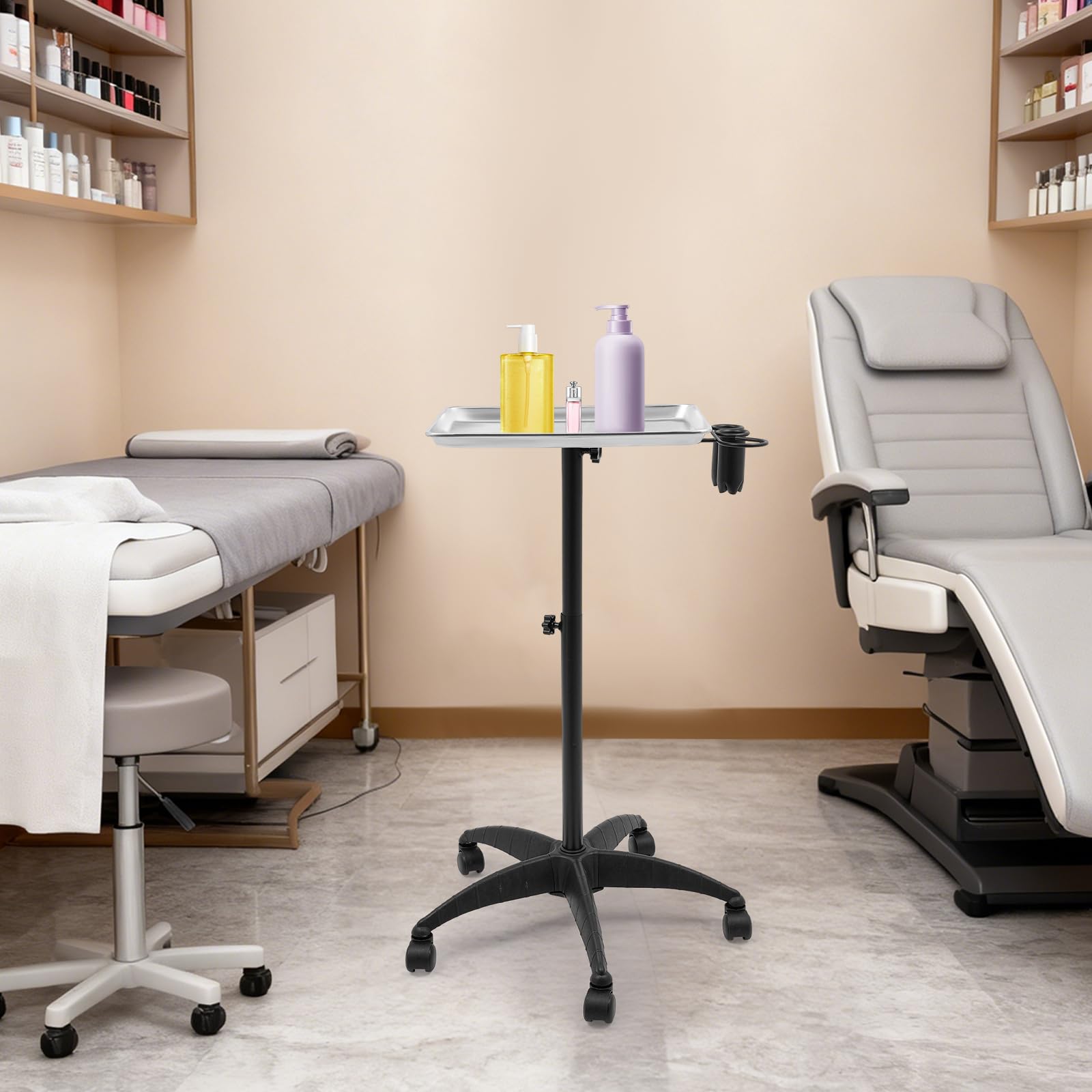 Wózek fryzjerski, wózek fryzjerski na kółkach, wózek do tatuażu, wózek roboczy, wózek fryzjerski, wózek z regulacją wysokości, do salonów fryzjerskich, spa (kolor srebrny)