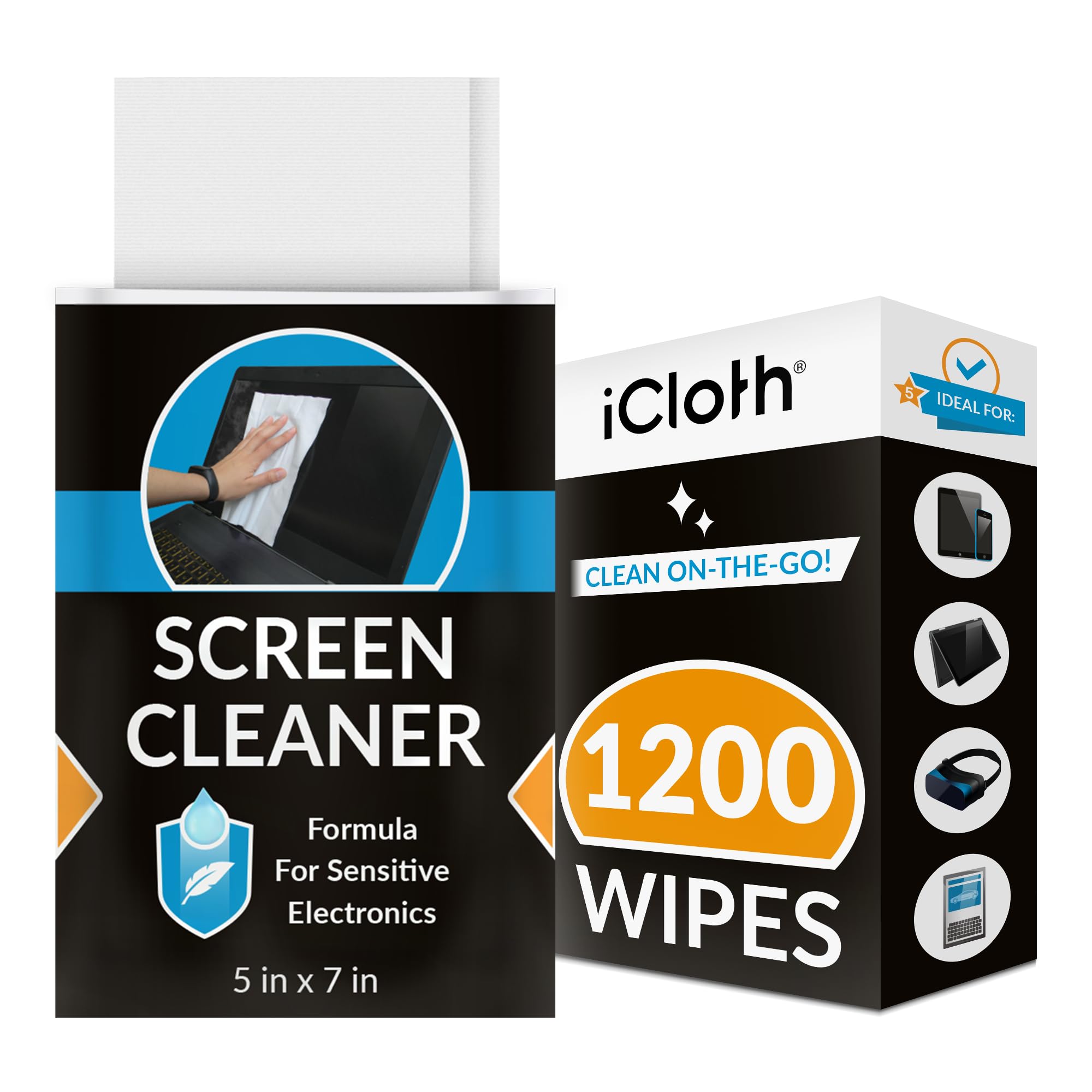 iCloth Large Screen Cleaning Wipes for Electronics, Lint-Free and Streak-Free, Fast-Drying, Removes Dust, Fingerprints, and Smudges (1200 Wipes)