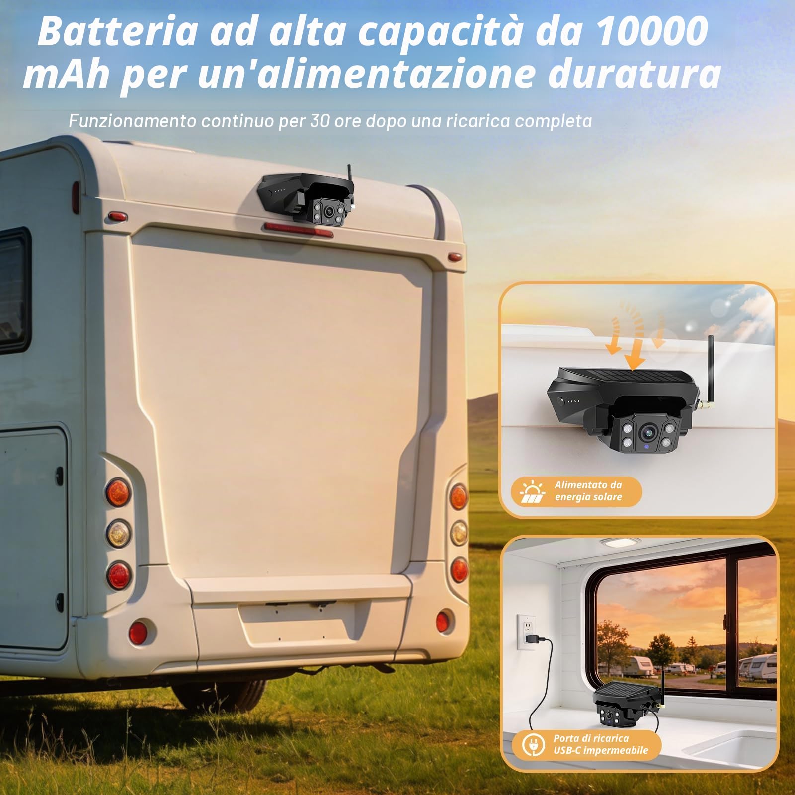 Telecamera di Retromarcia Senza Fili Solare con Batteria 10000mAh, Telecamera di Retromarcia Senza Fili 7", Impermeabilità IP67, Visione Notturna Infrarossa, per Caravana, Camion, Auto, Camper (VS-7E)