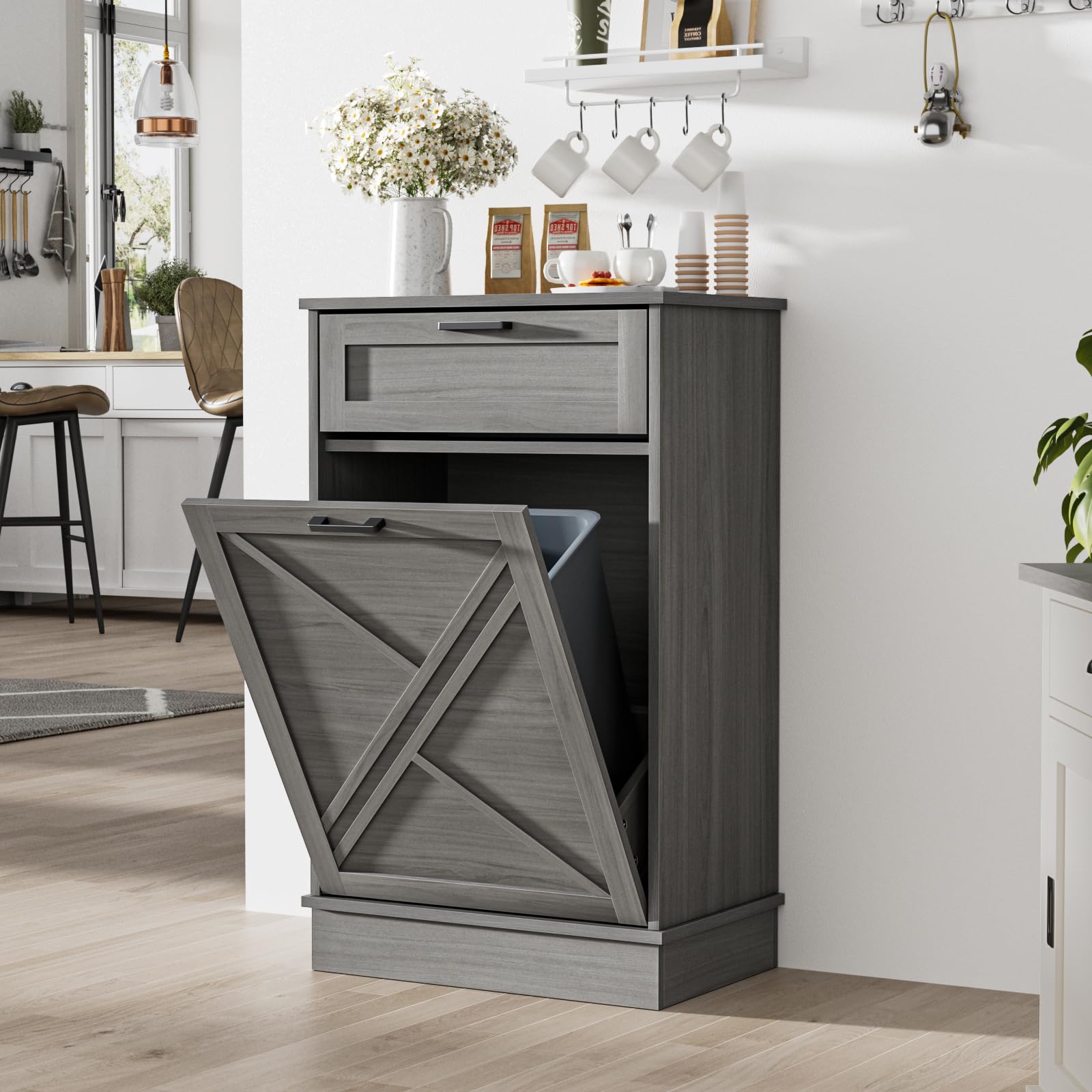 Armoire à déchets inclinable avec tiroir - 38 l - Poubelle étroite - Îlot de cuisine avec plan de travail - Armoire pour cuisine sans poubelle - Pour cuisine, salon, salle de bain