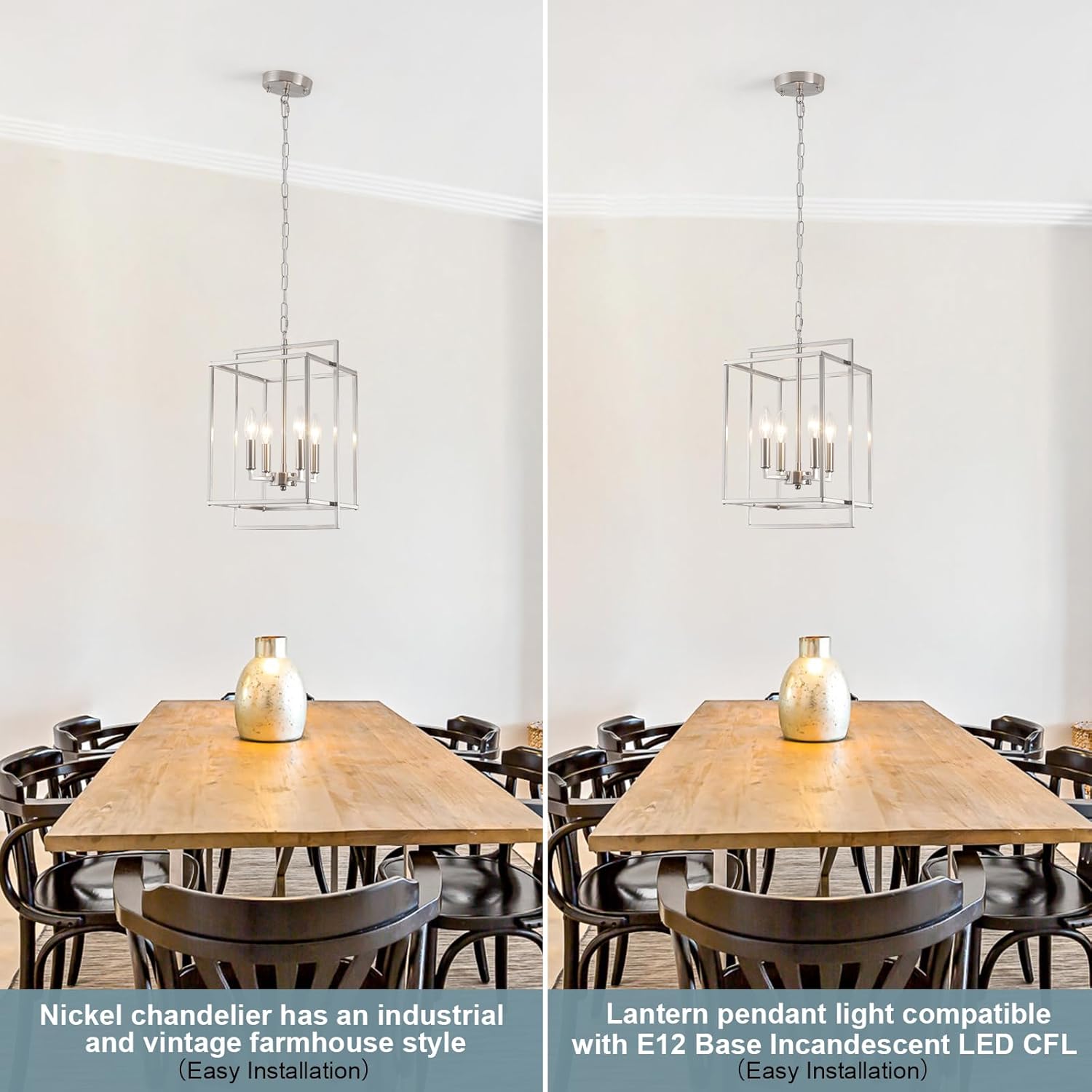 Nickel Chandelier Dining Room Light Fixture Lantern Chandeliers Iron Farmhouse Pendant Light Rustic Rectangle Adjustable Height Modern Kitchen Light for Living Room Entryway