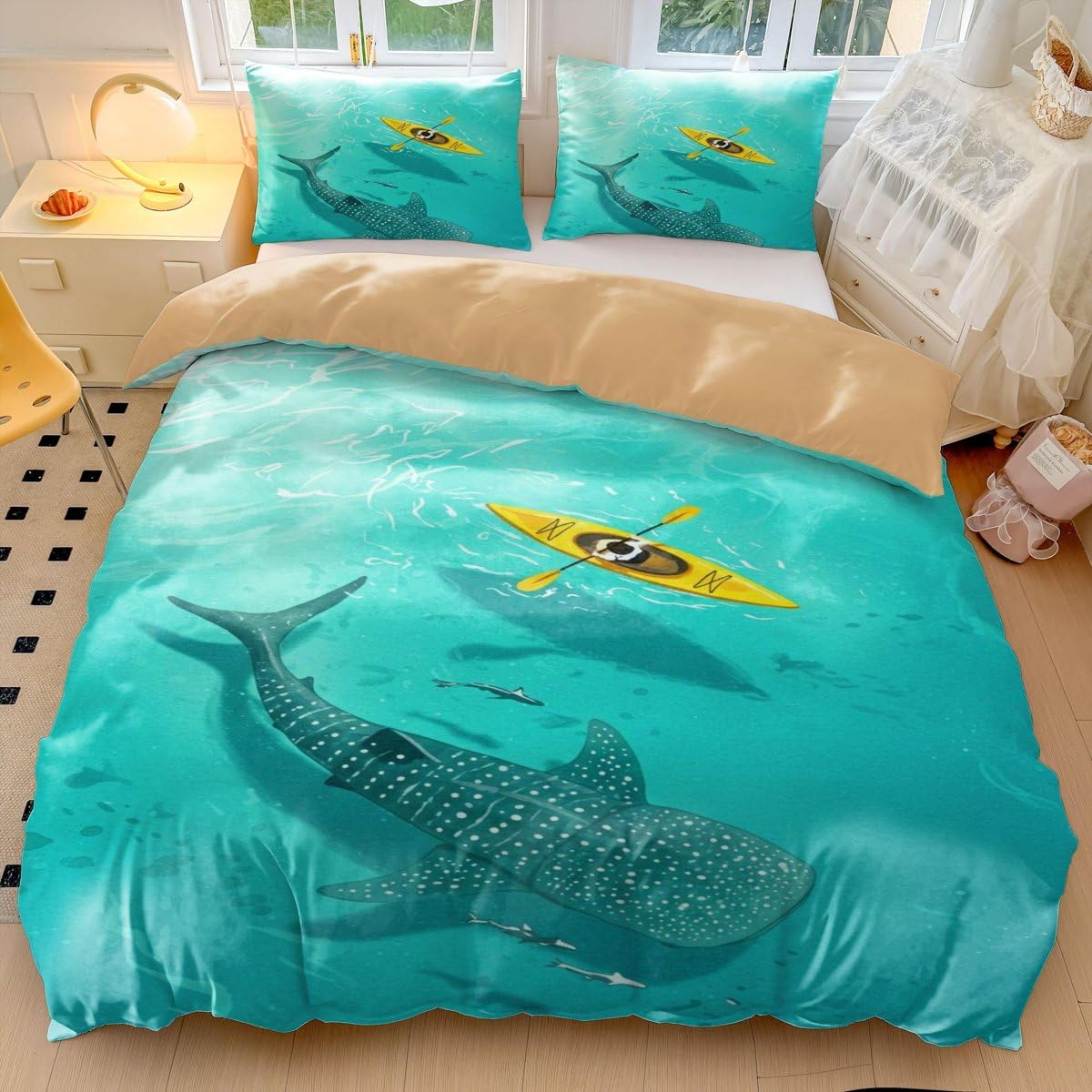 Whale Shark Duvet Cover, Cartoon Ocean Bedding Set Double, Dark Blue Under The Sea Bedding, 3 Pcs Comforter Cover, Kids Bedroom Decor (02,King 240x220cm+65x65cm*2) โ image 1