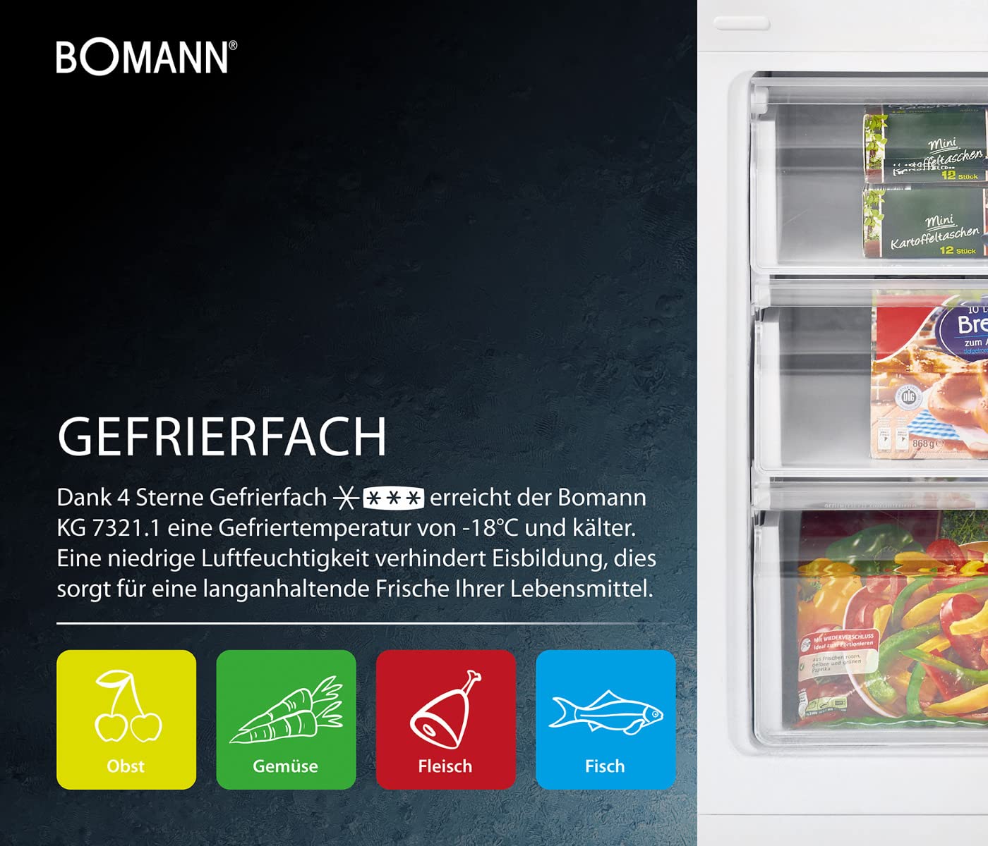 Bomann® Lodówko-zamrażarka, pojemność użytkowa 269 l – chłodzenie: 198 l | zamrażanie: 71 l, energooszczędna, cicha praca 39 dB, LED, wymienne zawiasy drzwiowe, wysokość: 180 x szerokość: 55 x